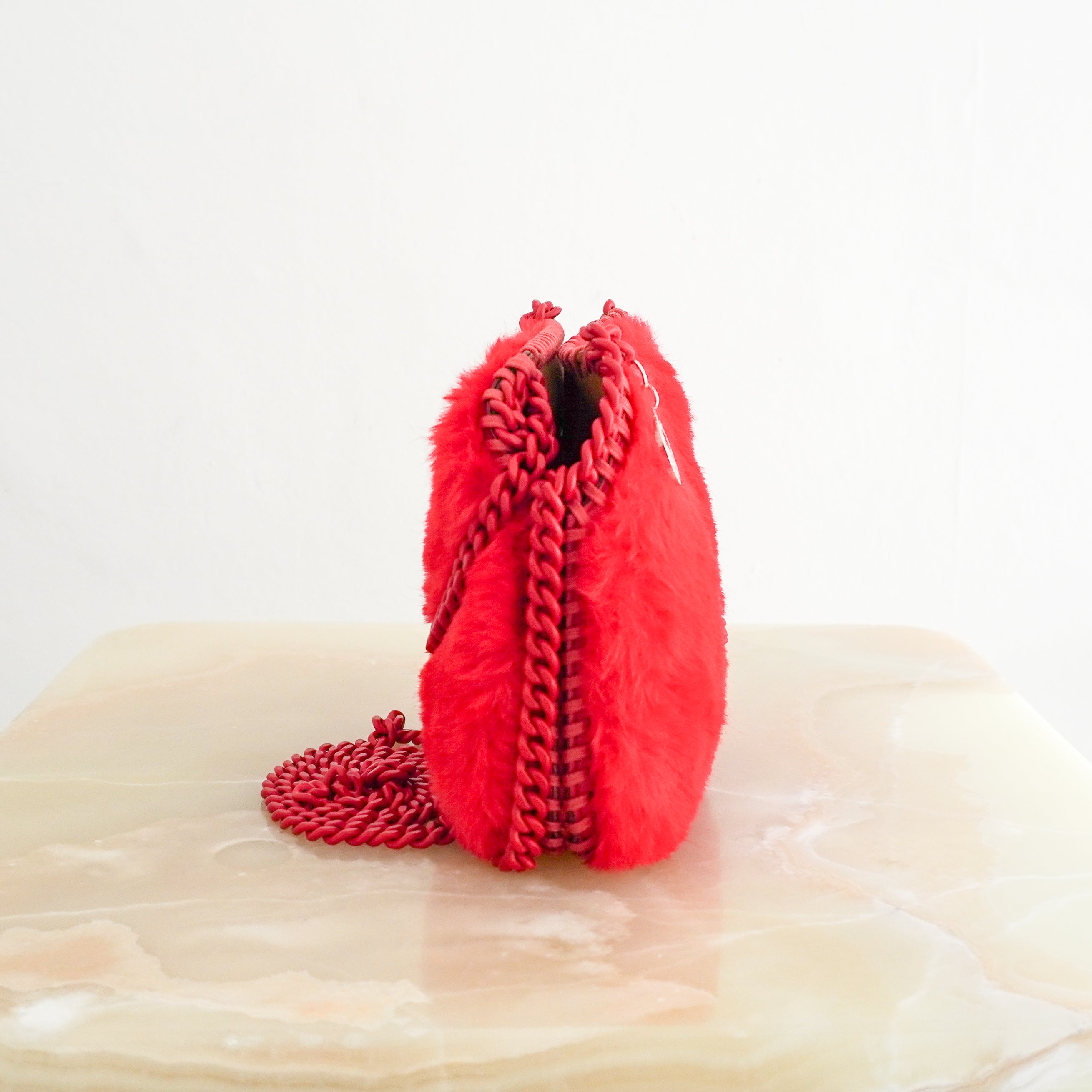 Stella McCartney Falabella Red Faux Fur Mini Tote Bag side photo chelsea london