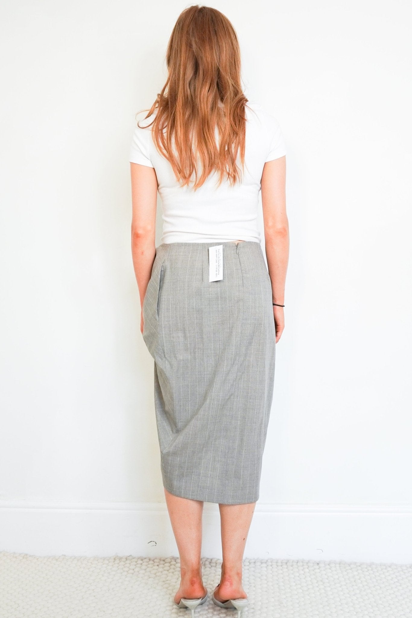 Stella McCartney Grey Pinstripe Draped Midi Skirt (RRP £300) | Authentic Preloved - Reloved Again