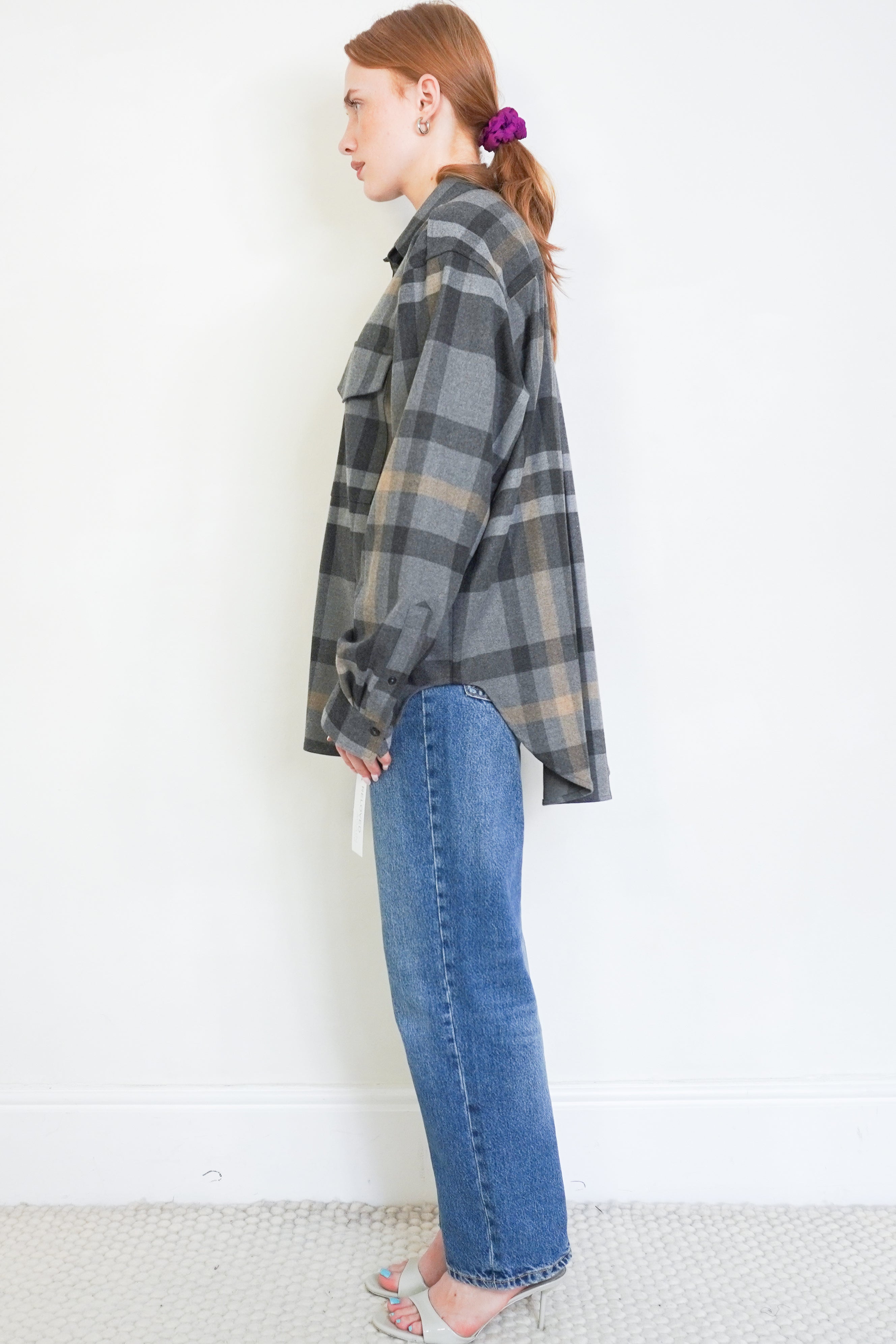 TOTEME Novella Dark Grey Checked Flannel Shirt side photo chelsea london