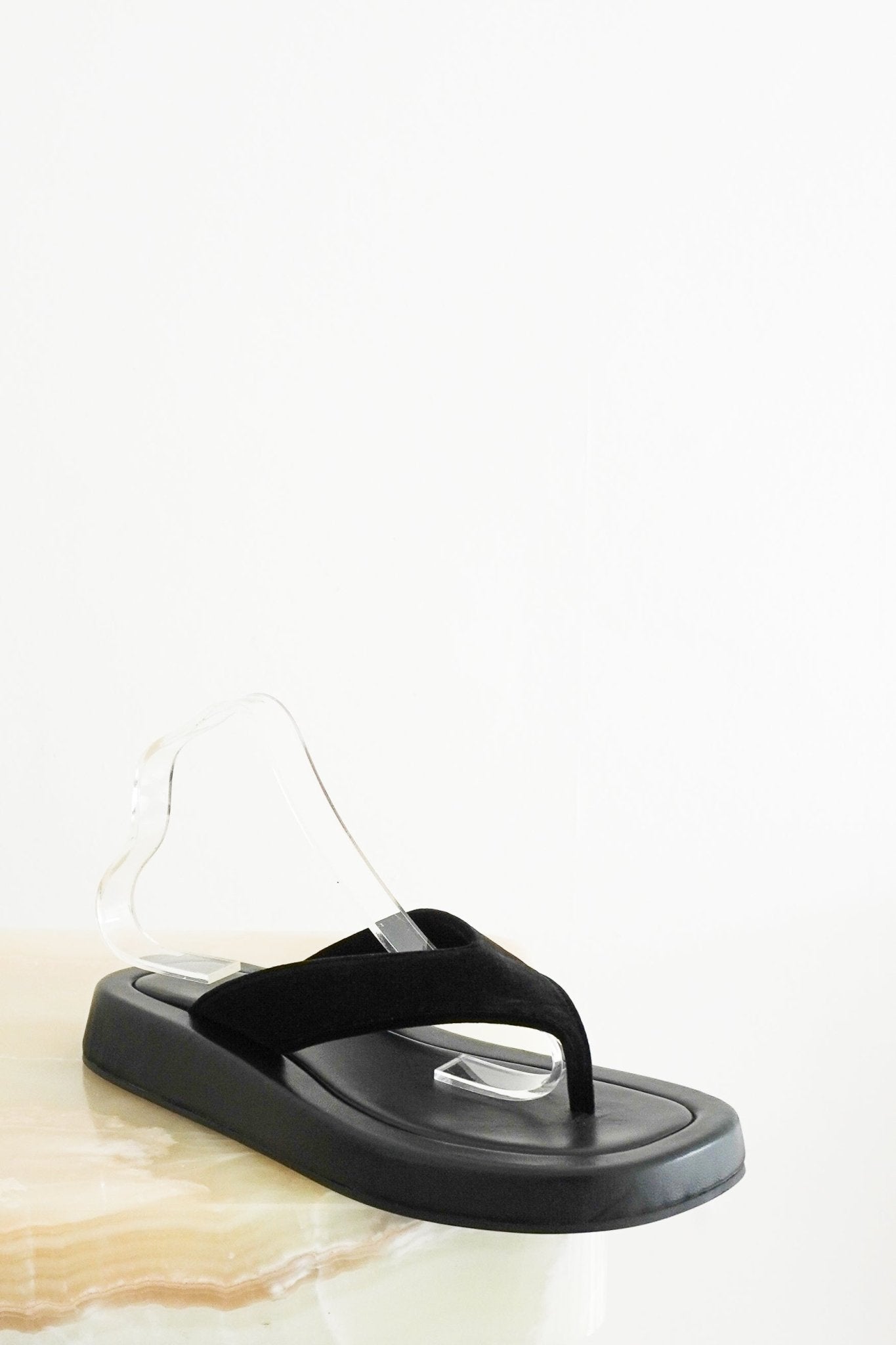 The Row Black Ginza Leather and Velvet Platform Flip Flops (RRP £960) | Authentic Preloved - Reloved Again