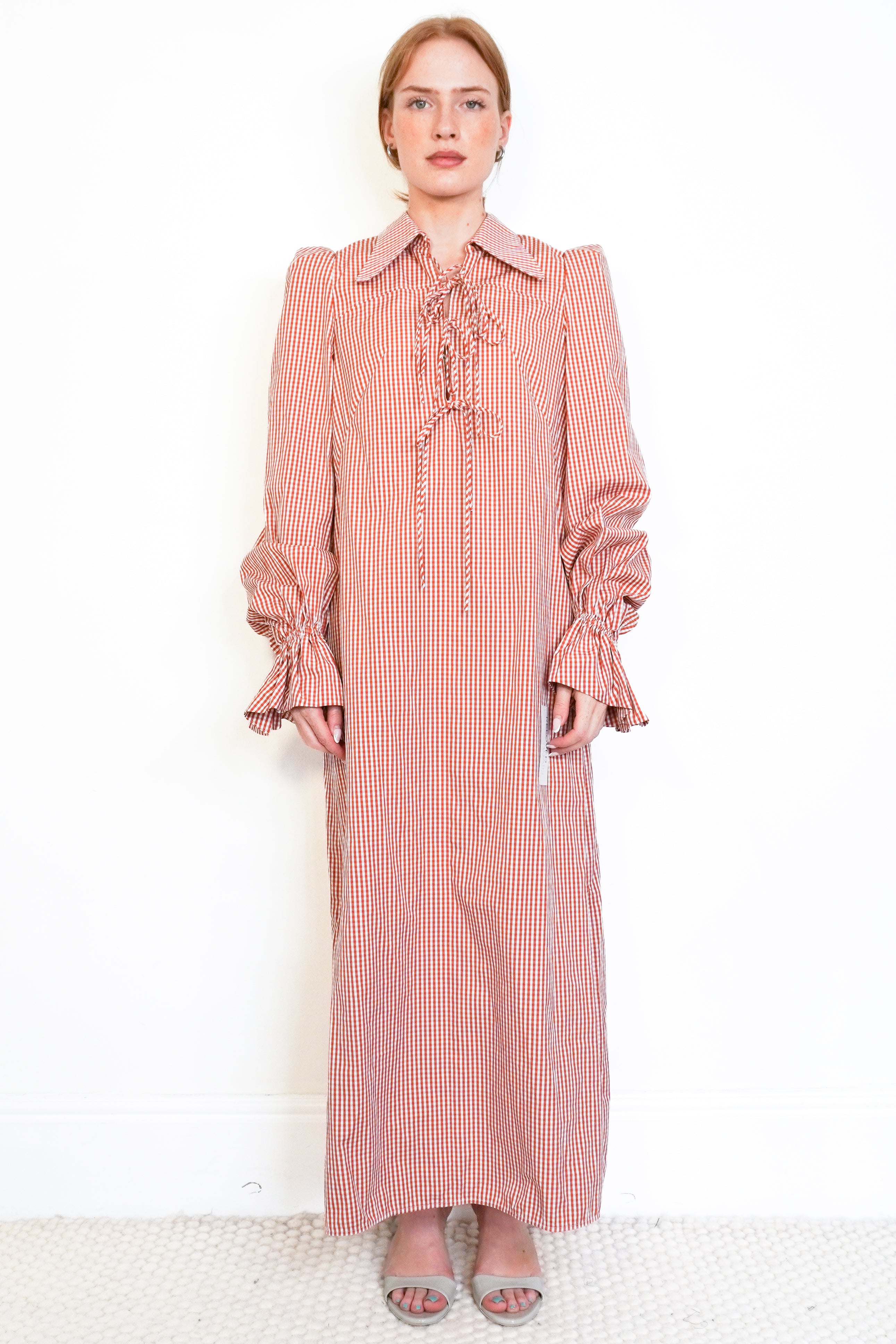 The Vampire’s Wife The Spell Tan & White Mini Gingham Cotton Maxi Dress front photo chelsea london
