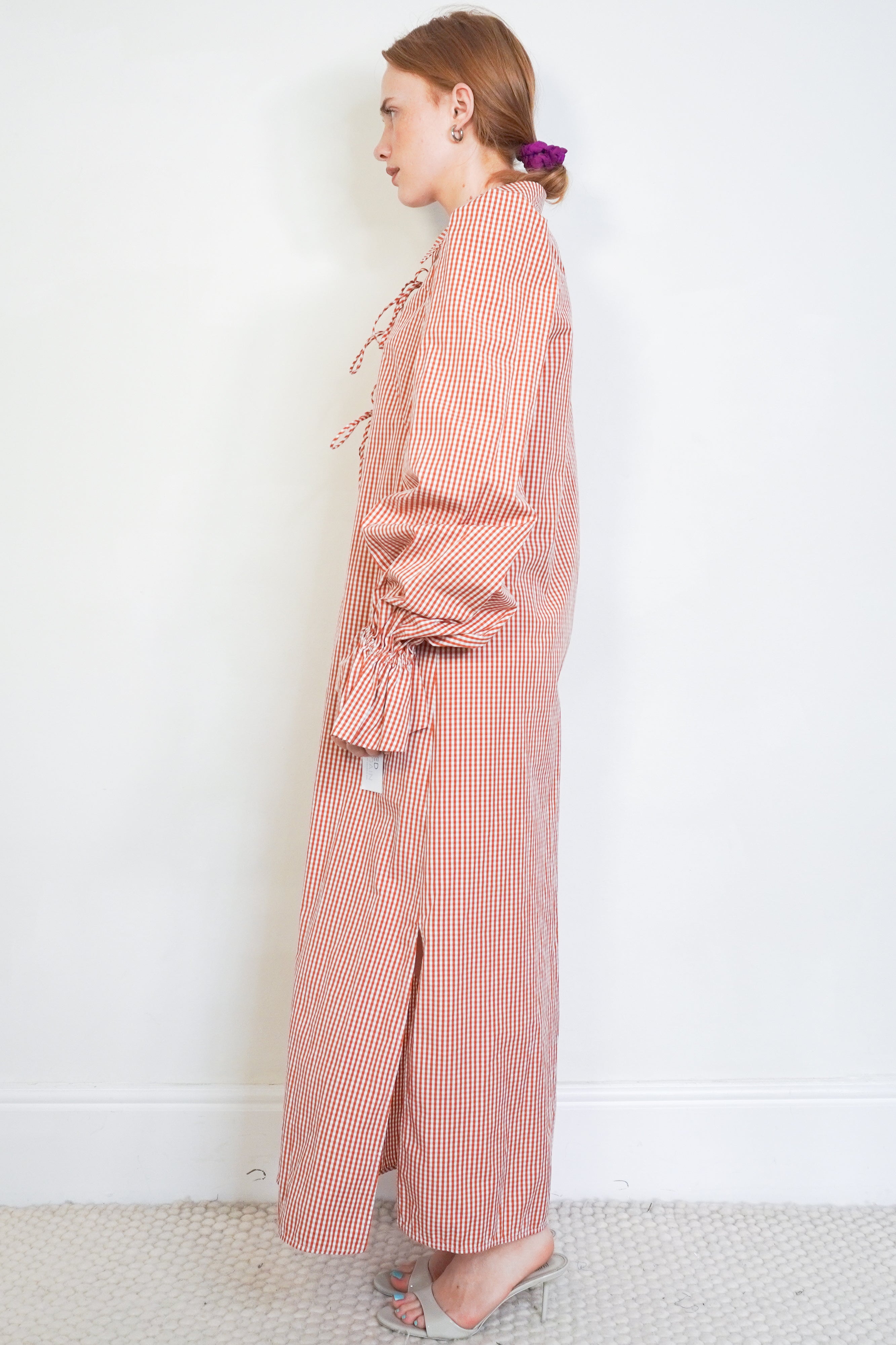 The Vampire’s Wife The Spell Tan & White Mini Gingham Cotton Maxi Dress side photo chelsea london