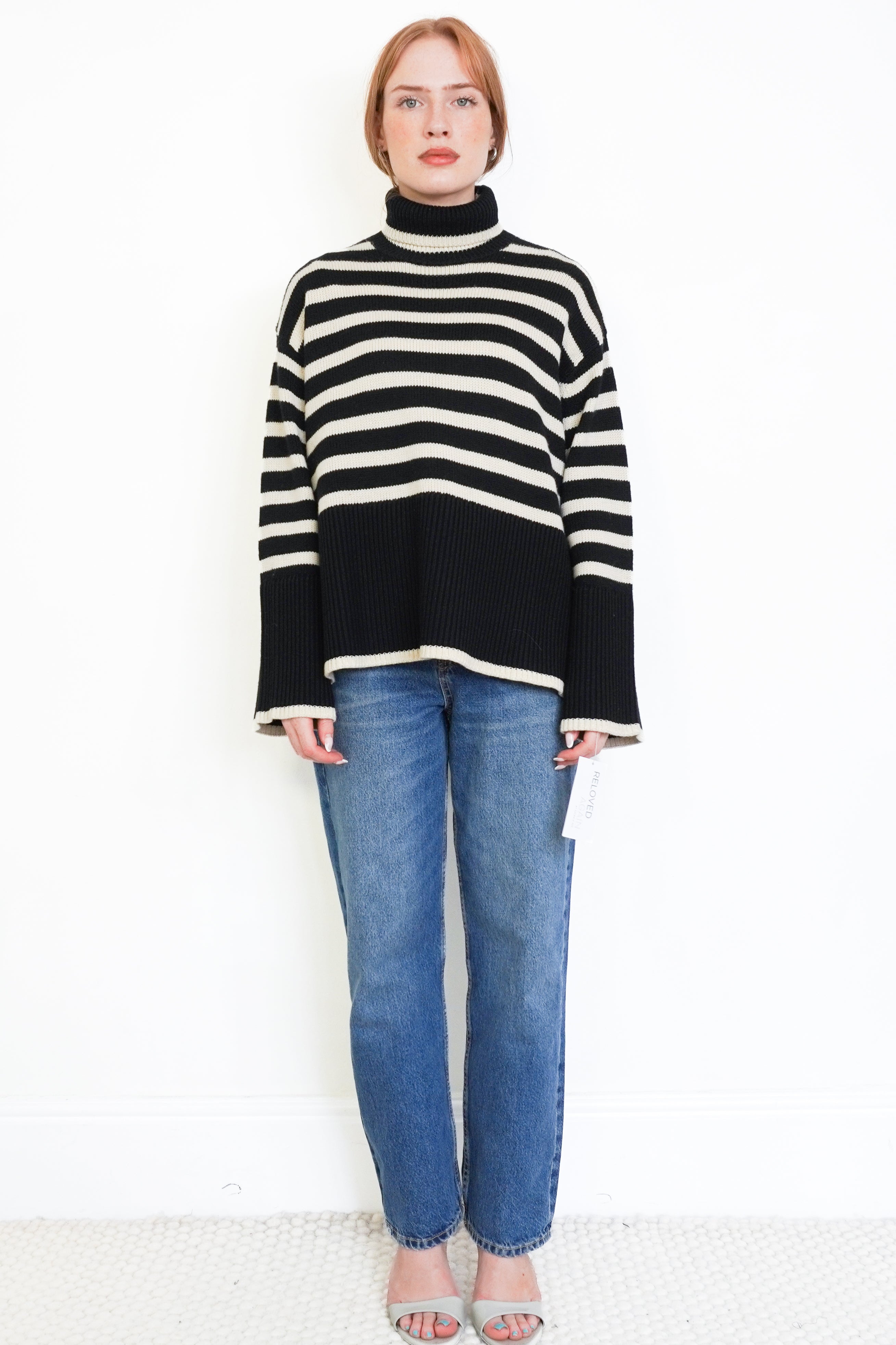 Toteme Black & Cream Breton Stripe Turtleneck Jumper front photo chelsea london
