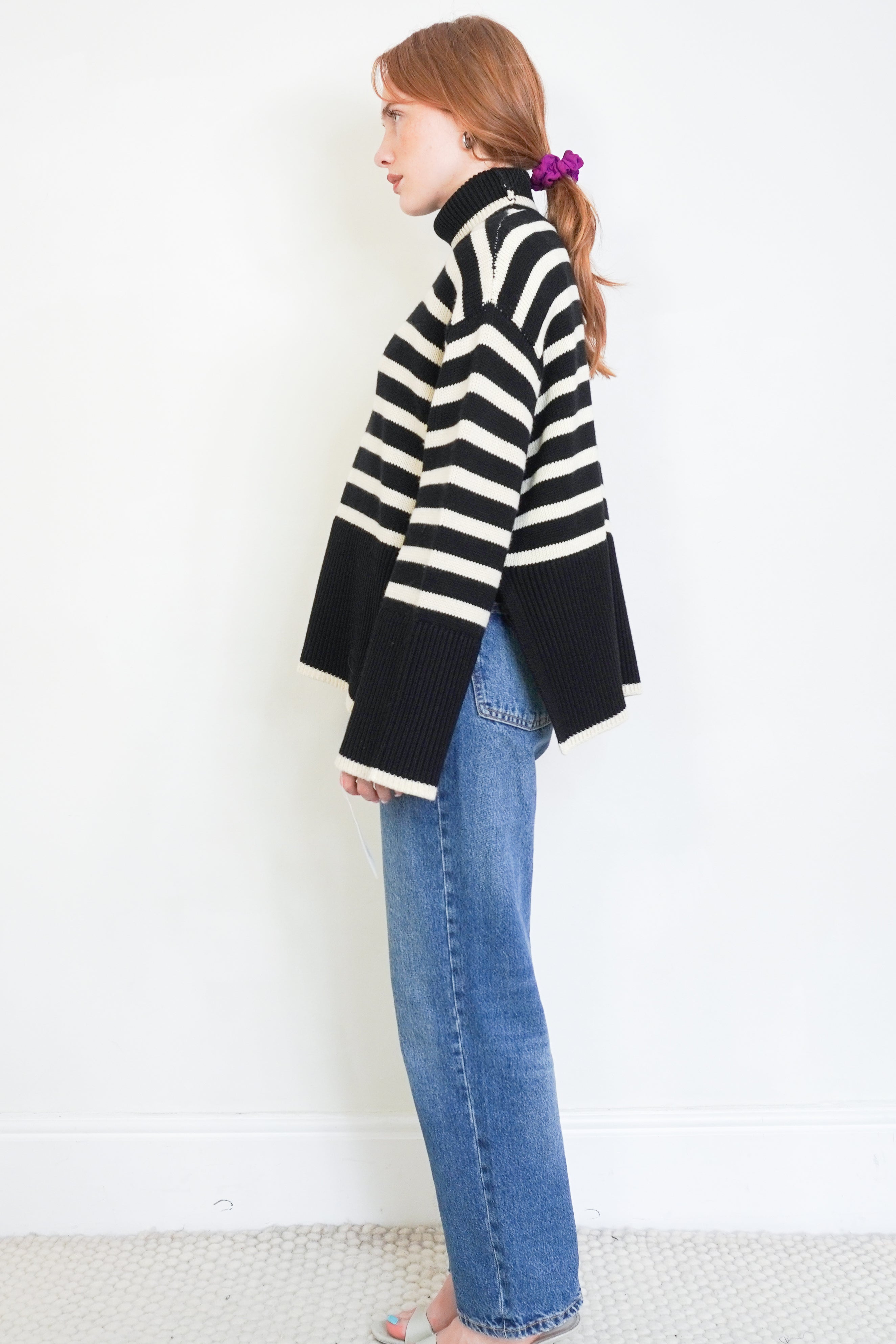 Toteme Black & Cream Breton Stripe Turtleneck Jumper side photo chelsea london