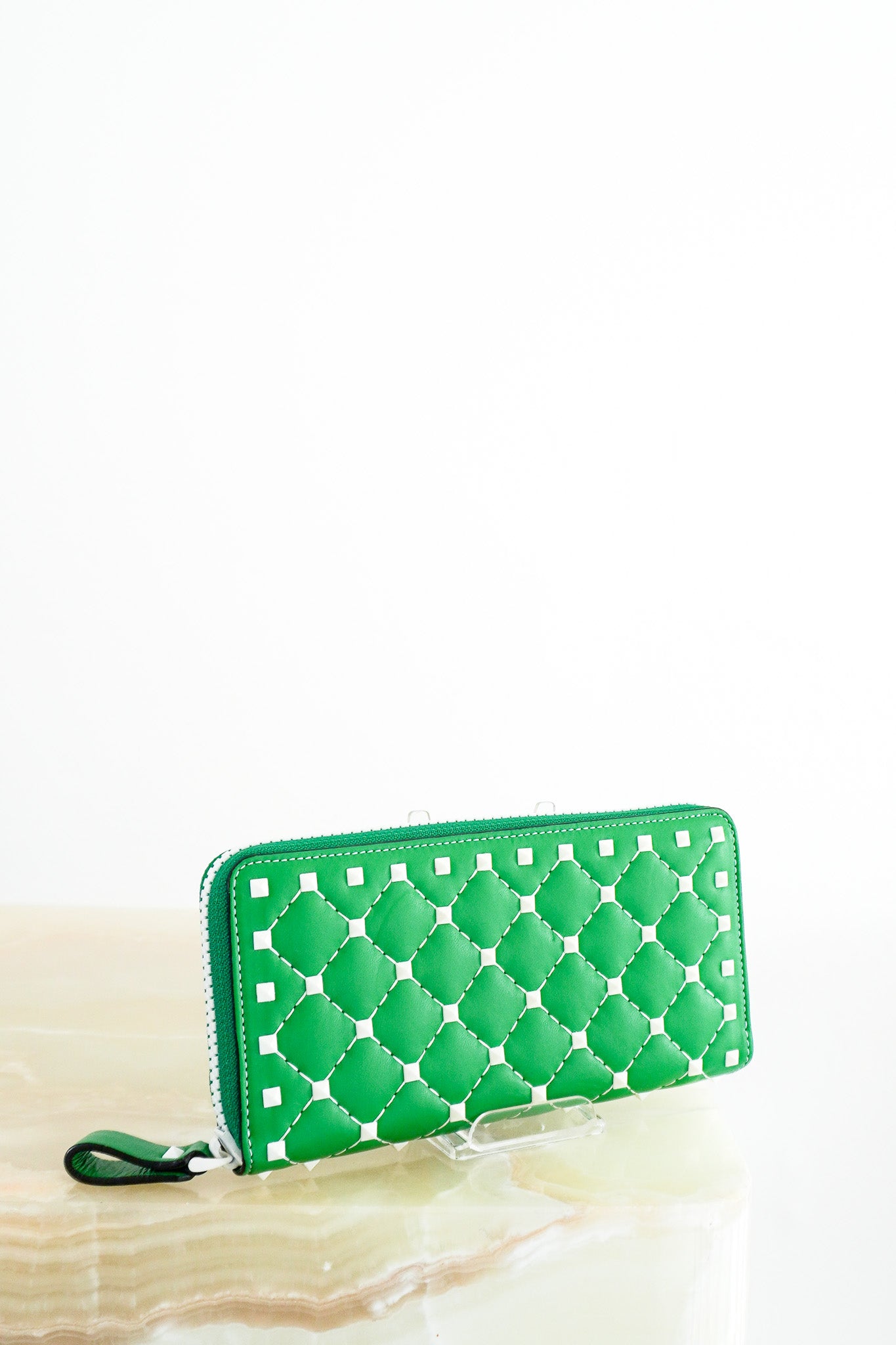 Valentino-Rockstud-Zip-Around-Wallet-in-Green-front-picture-chelsea-london