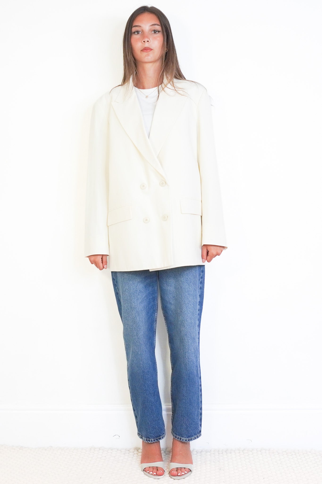Valentino Double-Breasted Wool Blend Blazer in Ivory front photo chelsea london