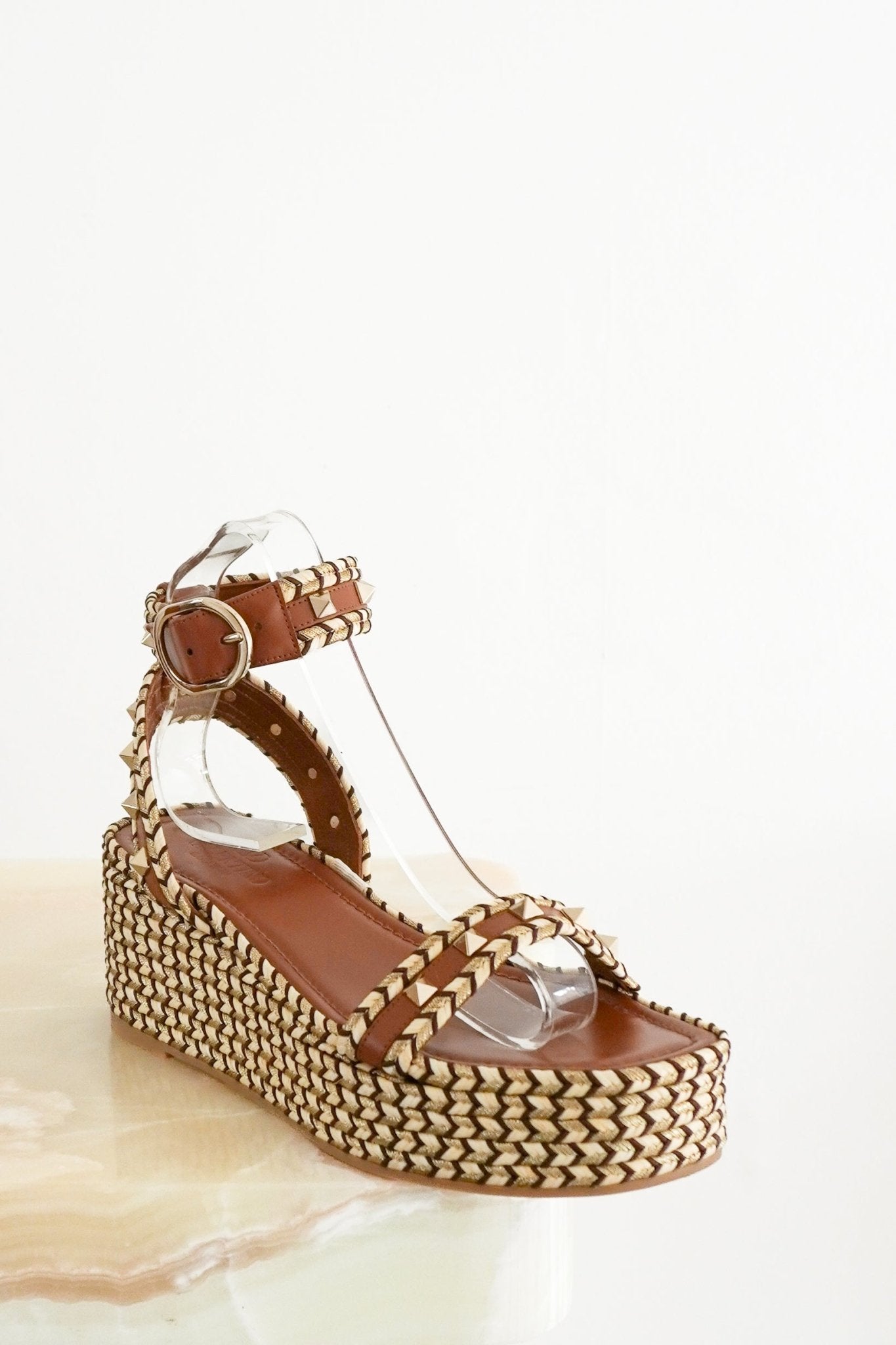 Valentino Garavani Rockstud Leather Wedge Espadrilles in Brown (RRP £740) | Authentic Preloved - Reloved Again