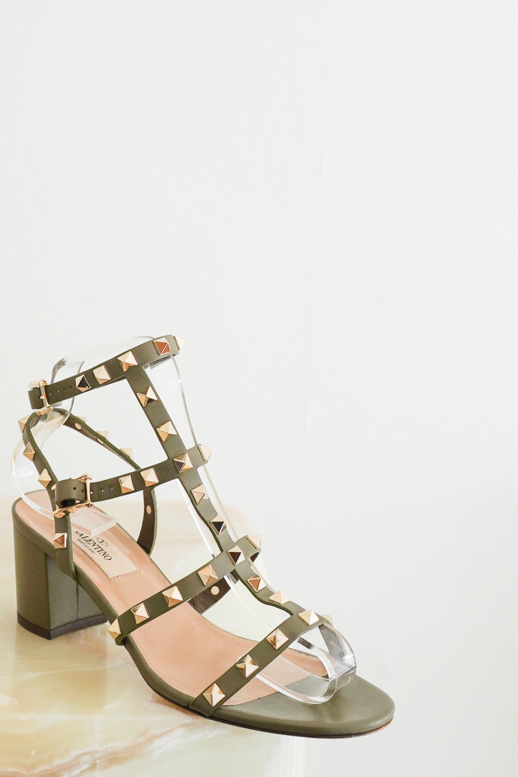 Valentino Rockstud Block Heels in Khaki front photo chelsea london