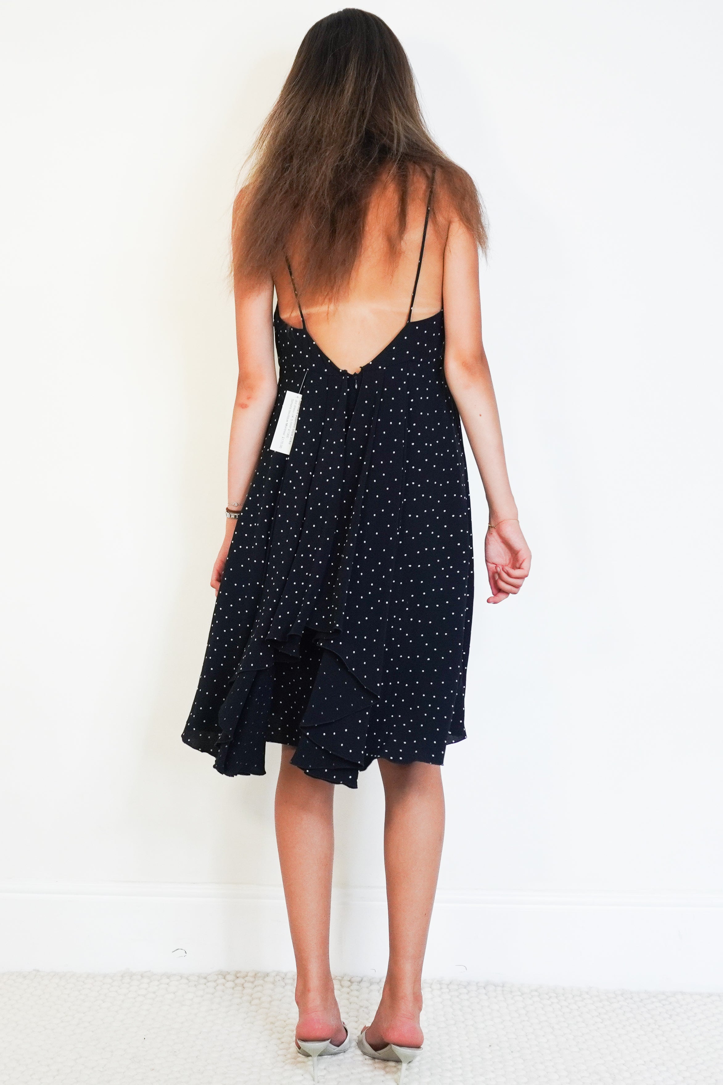 Valentino Silk Polka Dot Handkerchief Hem Dress in Black back photo chelsea london