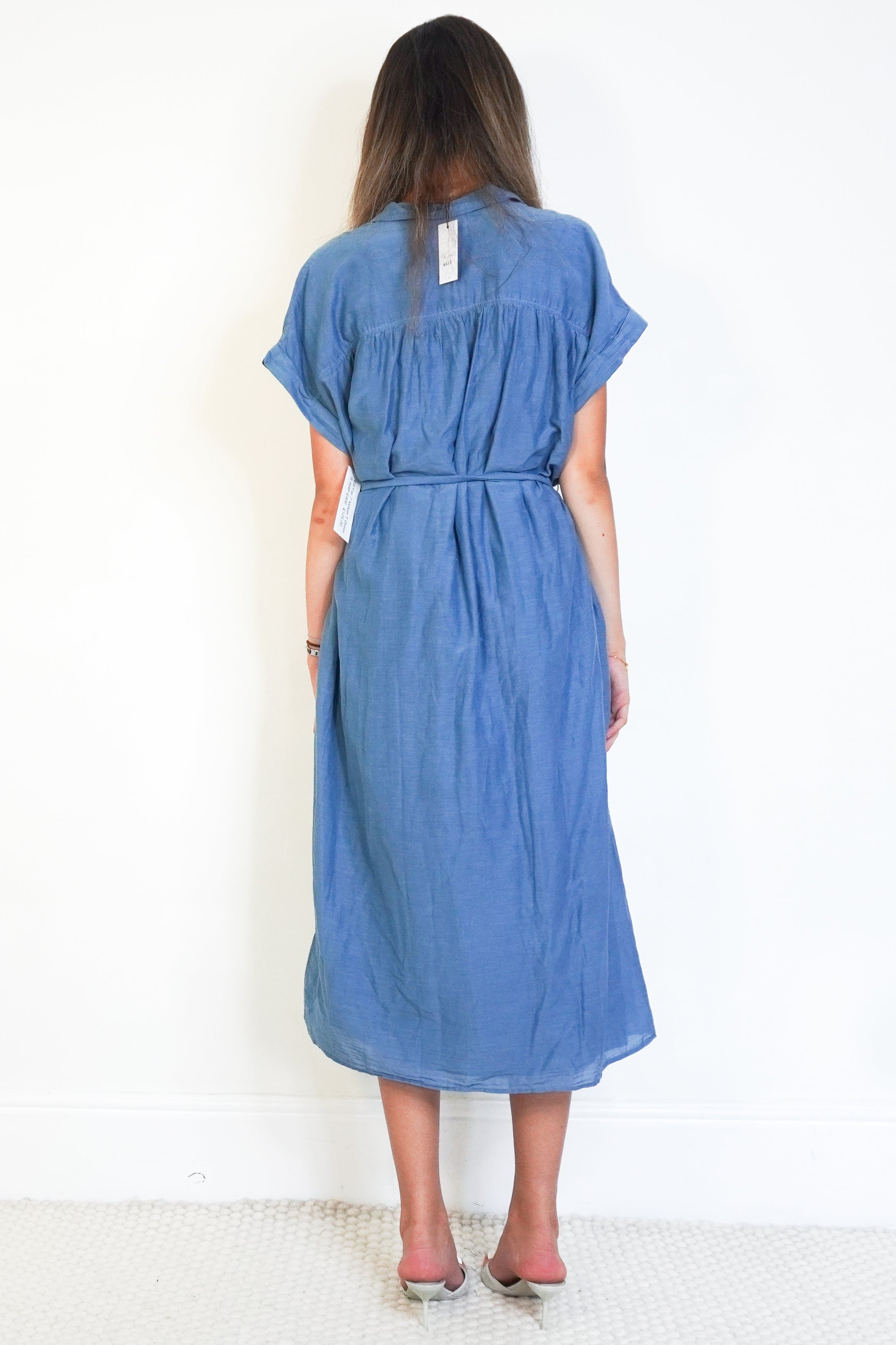 Velvet by Graham & Spencer Blue Cotton Silk Shirt Midi Dress back photo chelsea london