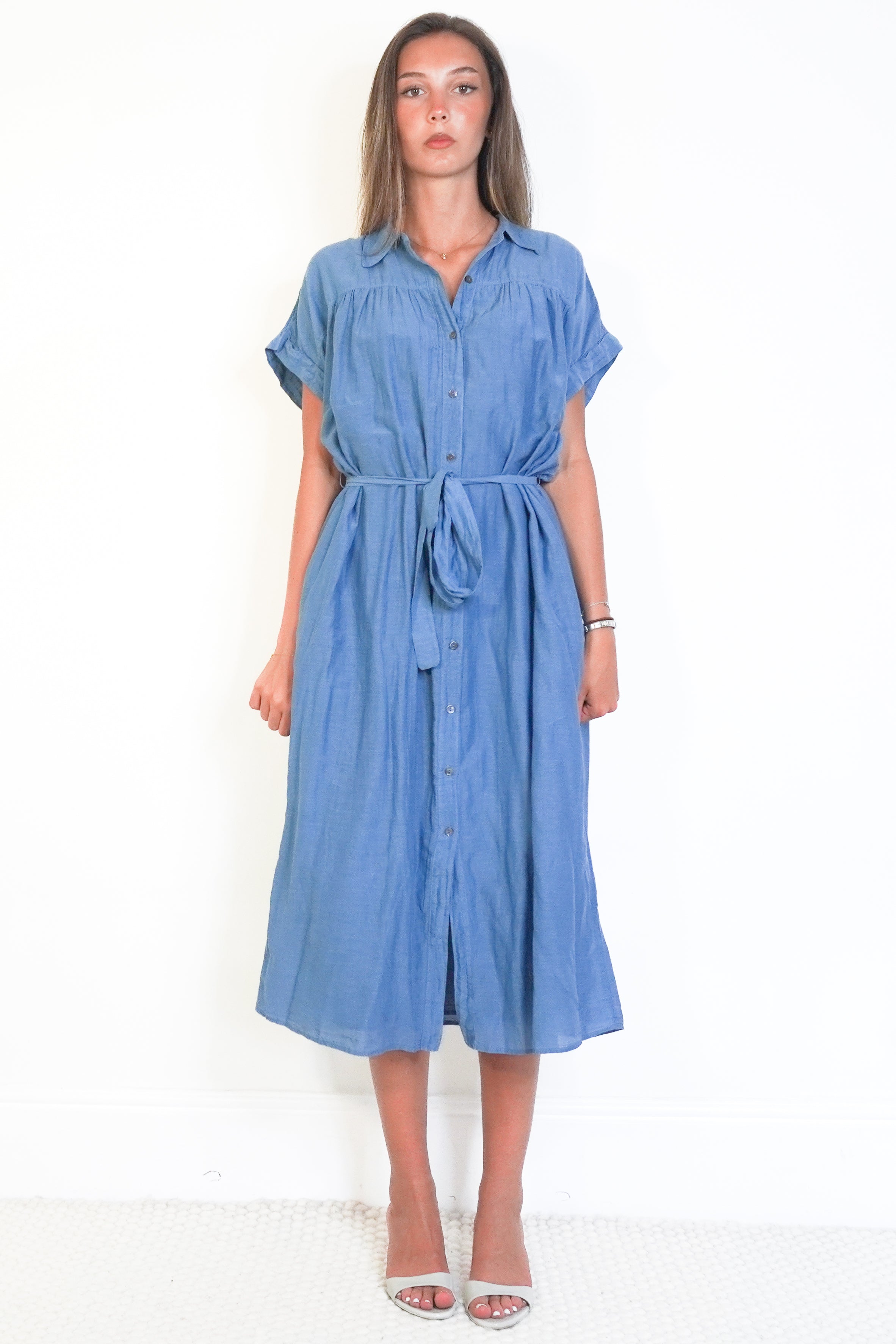 Velvet by Graham & Spencer Blue Cotton Silk Shirt Midi Dress front photo chelsea london