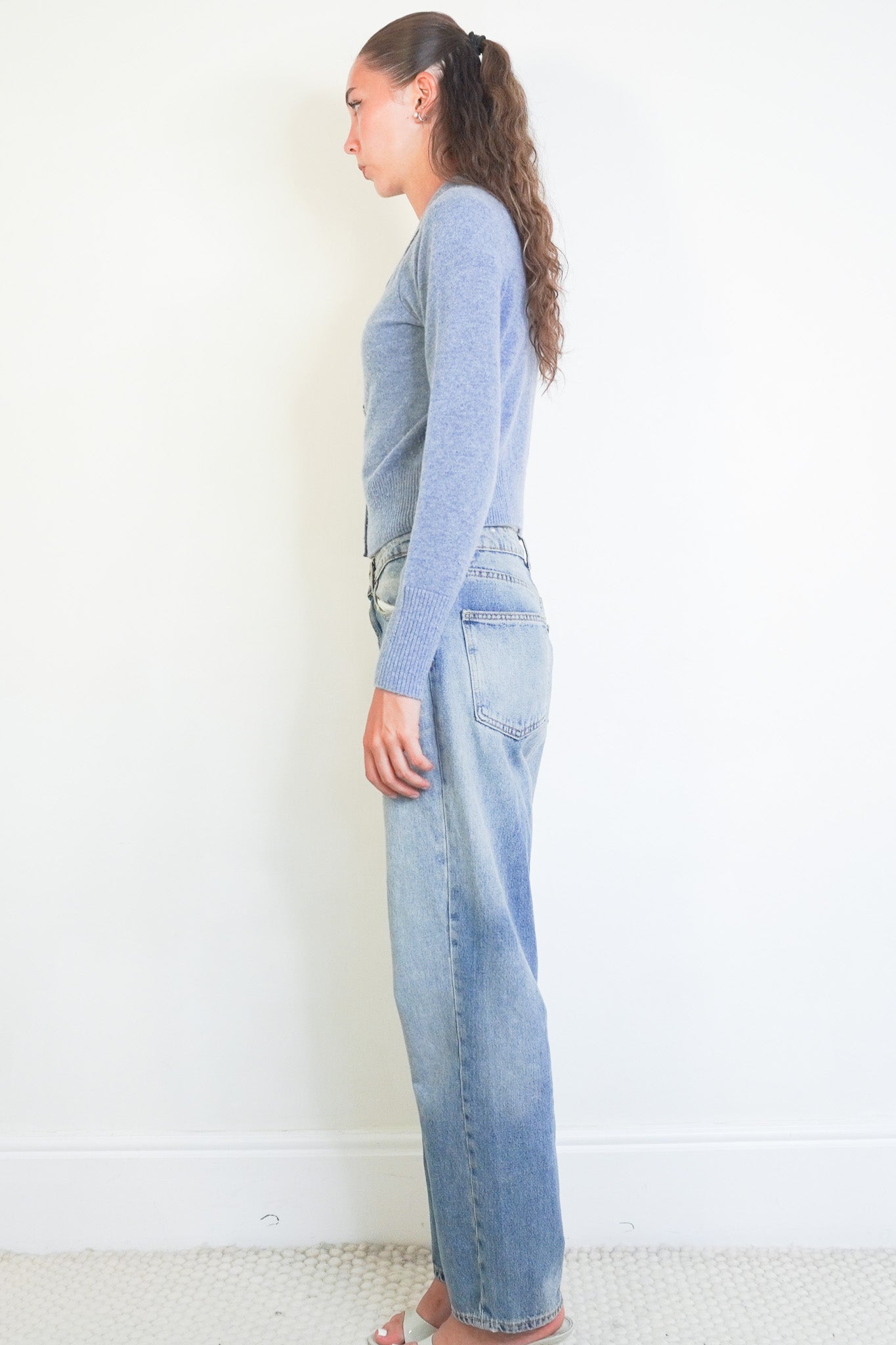 Side image of Veronica Beard Pale Blue Cashmere Cardigan