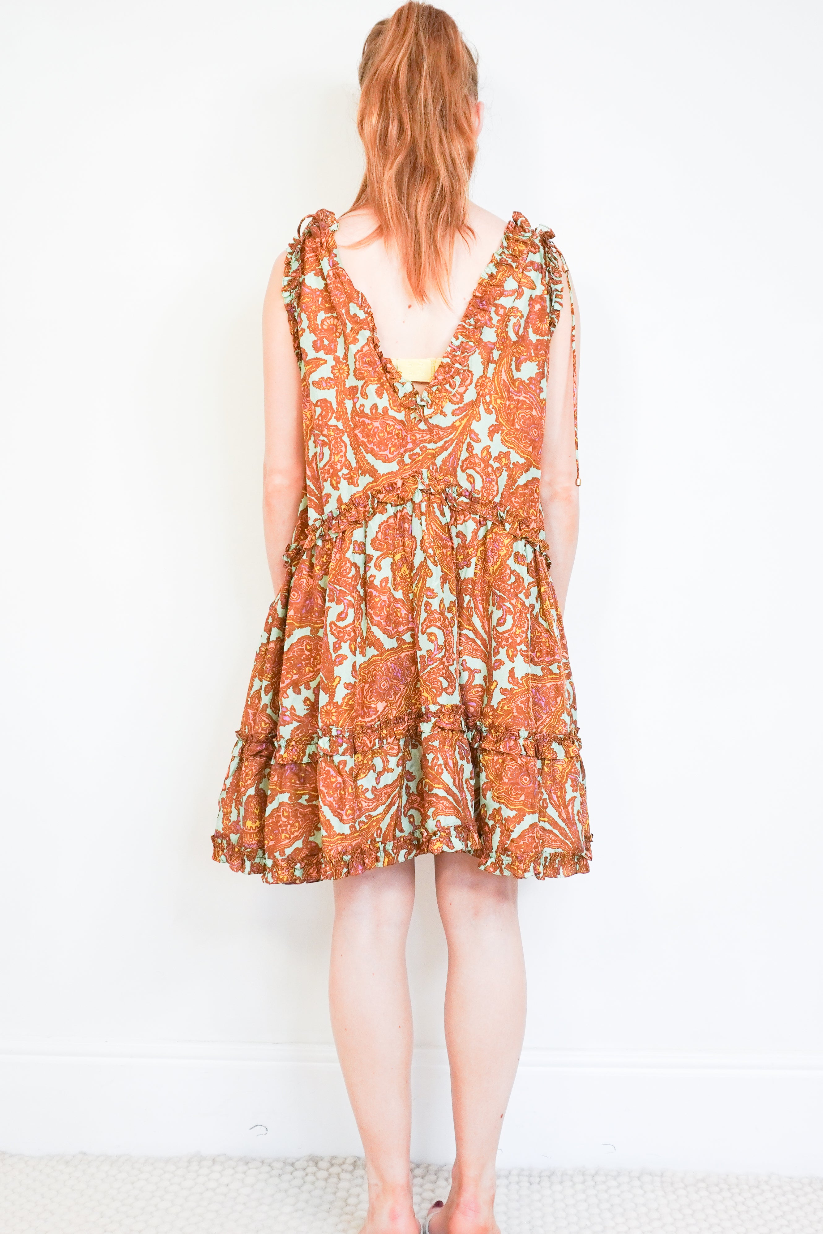 Zimmermann Brown Paisley Silk Tie Shoulder Mini Dress back photo chelsea london