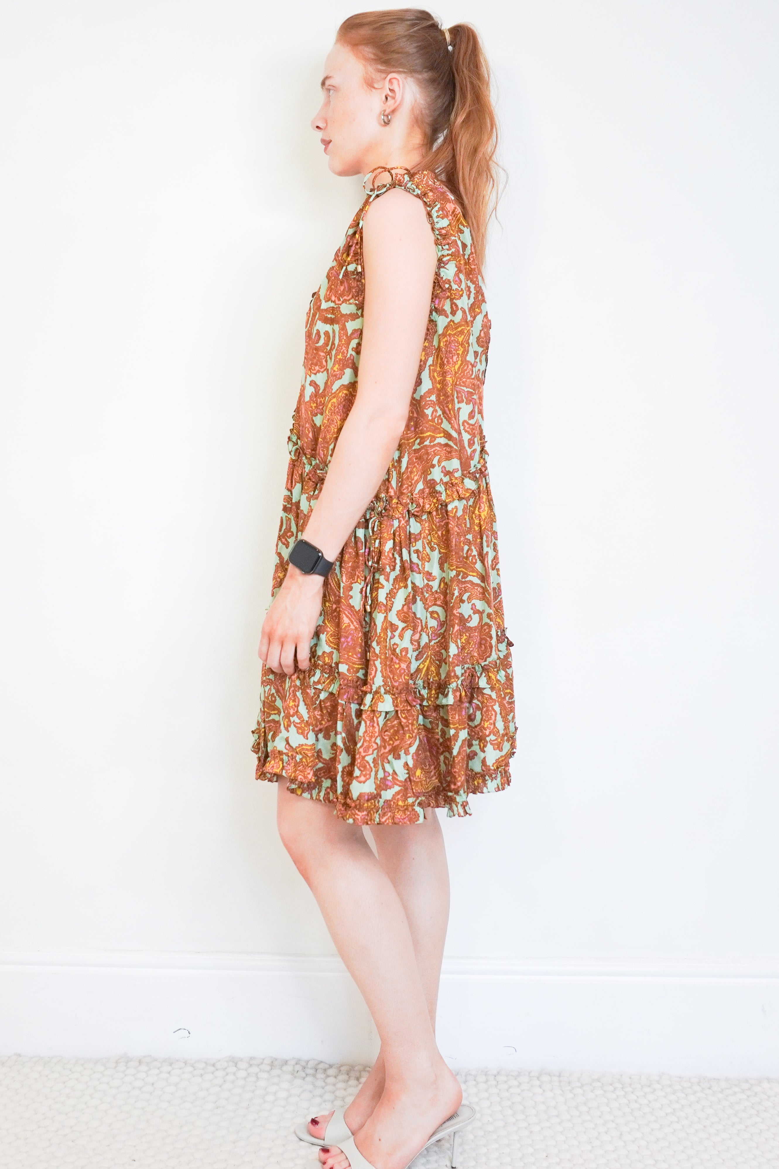 Zimmermann Brown Paisley Silk Tie Shoulder Mini Dress side photo chelsea london