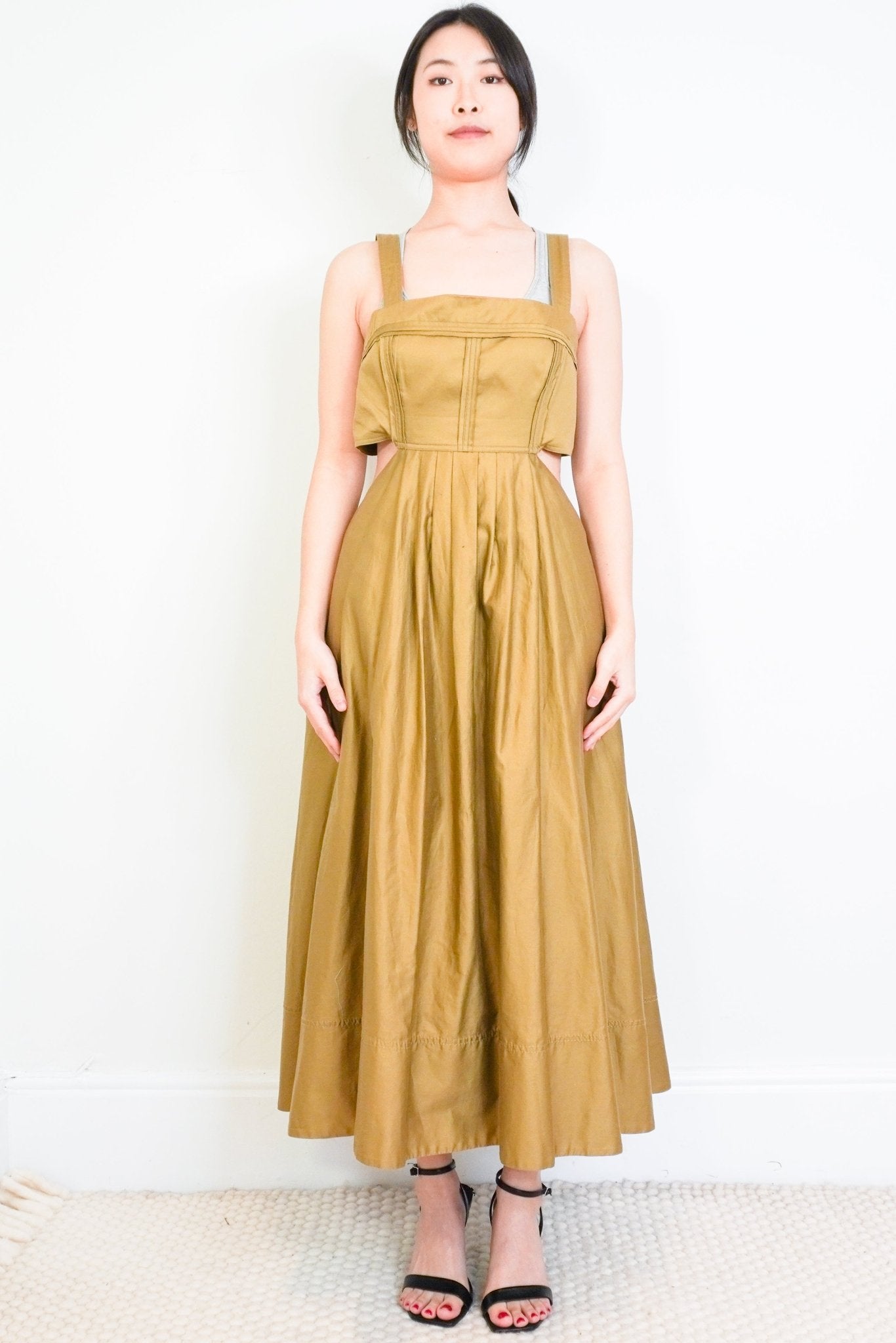aje-khaki-cut-out-midi-dress-authentic-preloved-front-picture-chelsea-london