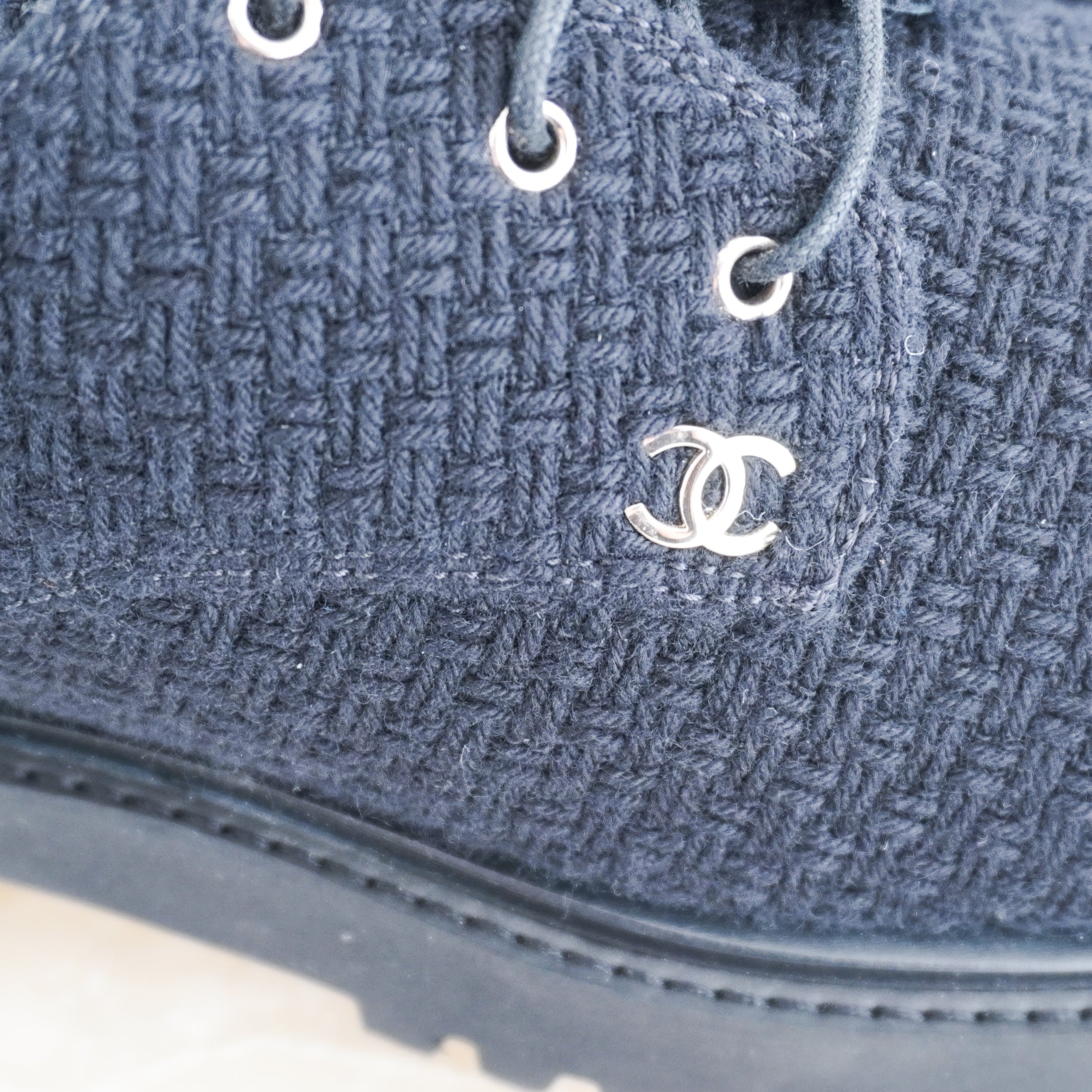 chanel-black-tweed-cc-loafers-authentic-preloved-CC-picture-Chelsea-london