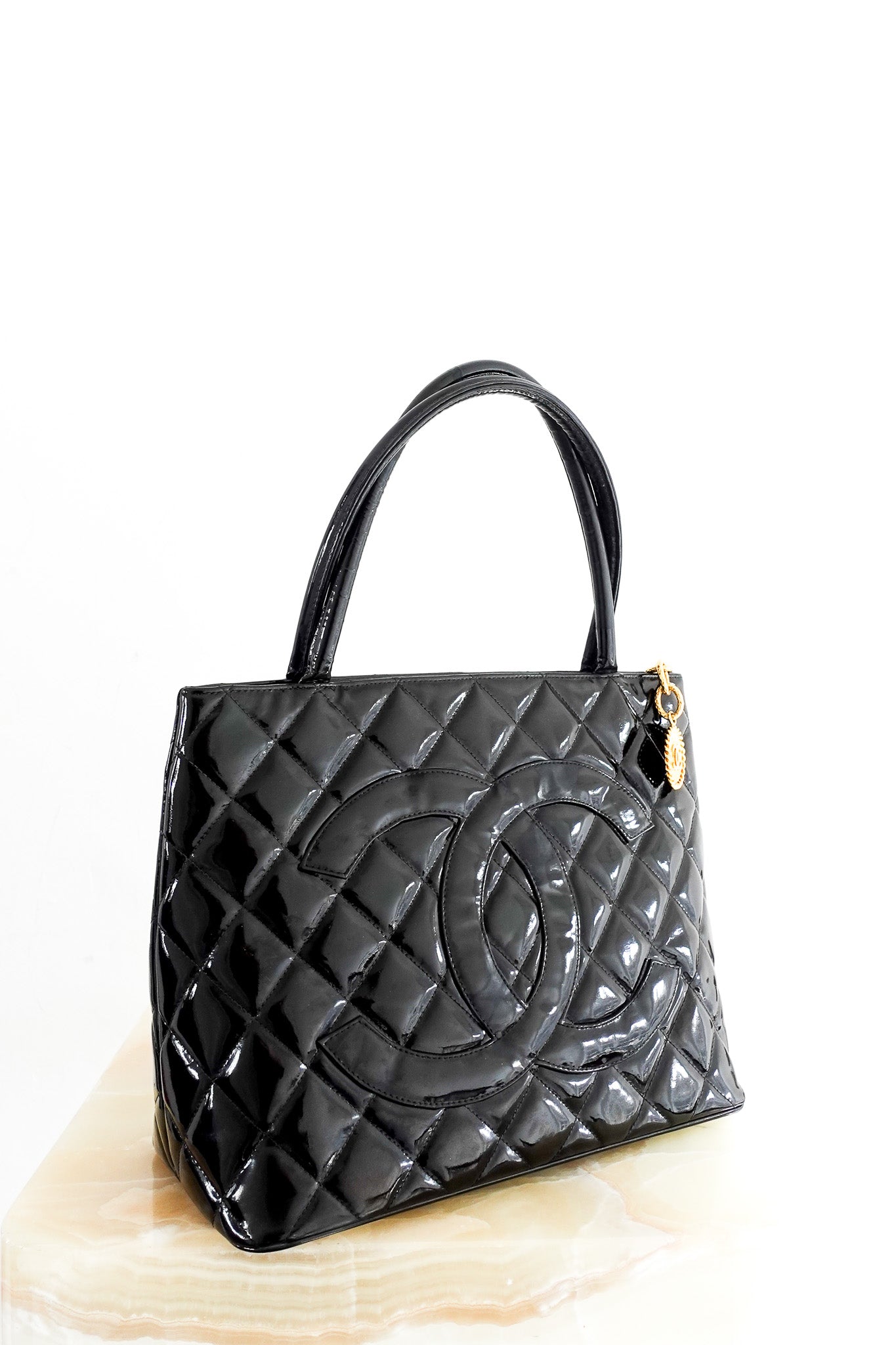 Chanel Vintage CC Black Patent Medallion Tote Bag RRP £3705 | Authentic Preloved - Reloved Again