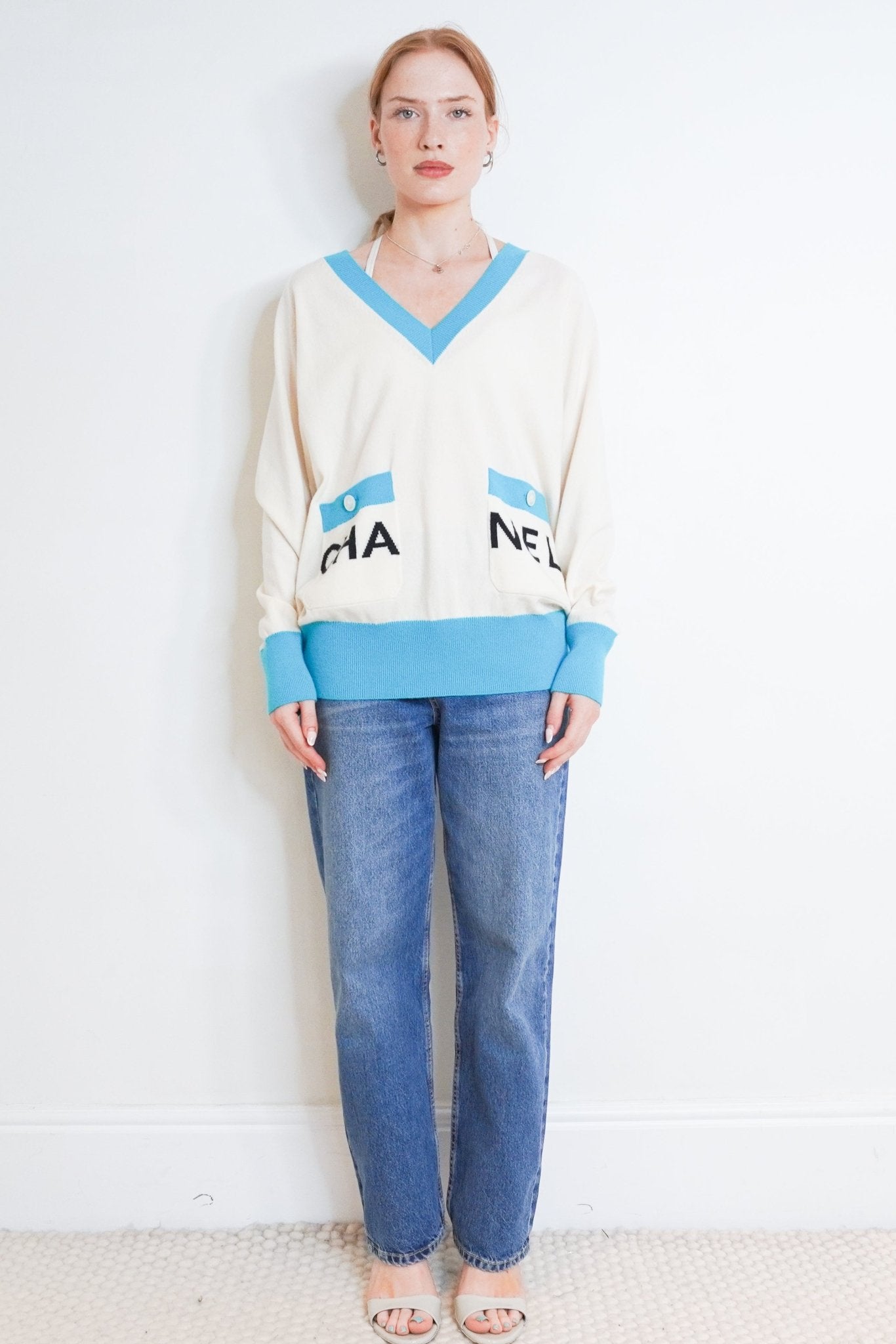 Chanel Cruise White and Blue Cashmere Sweater RRP £1500 | Authentic Preloved - Reloved Again