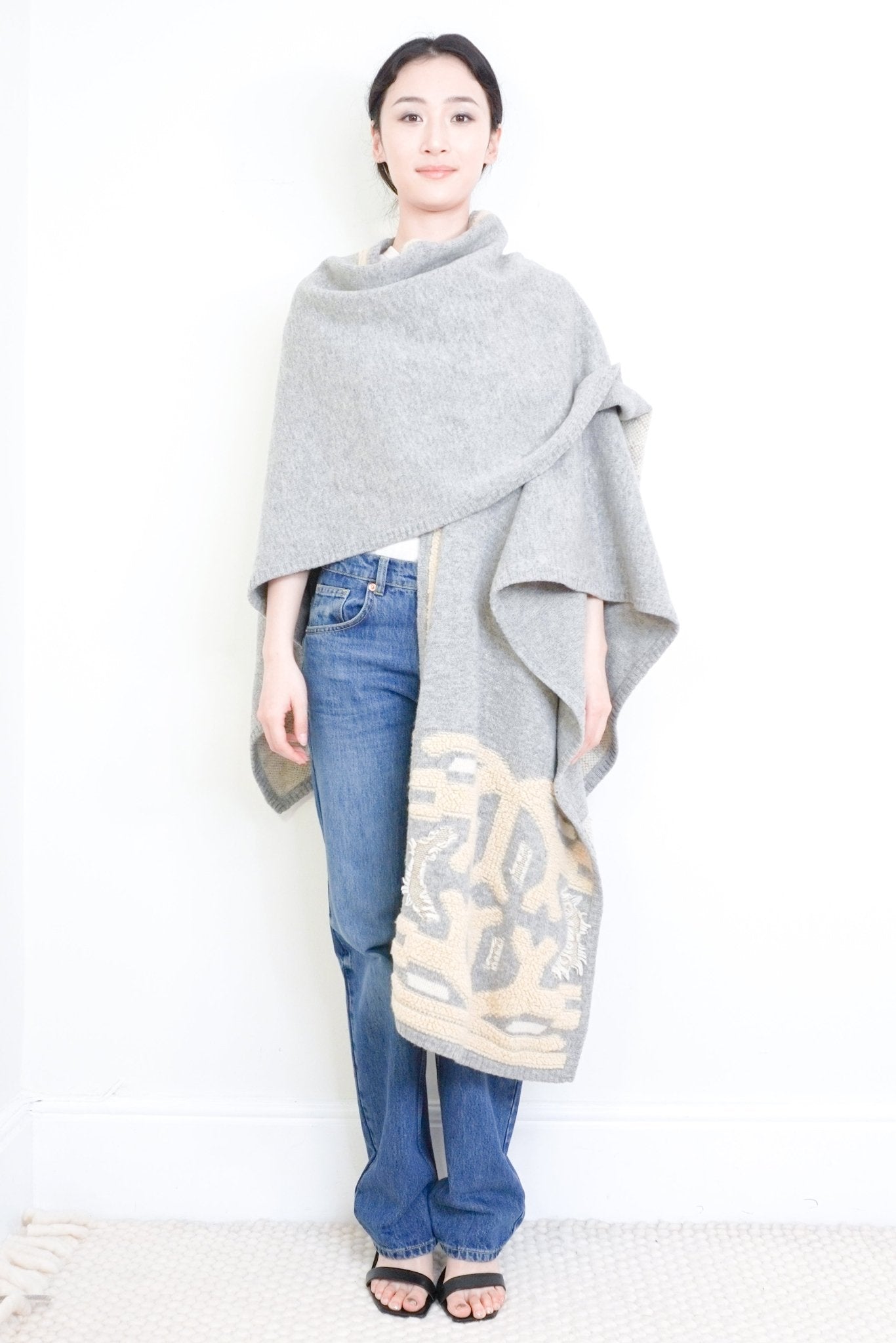 dagmar-grey-and-cream-shawl-authentic-preloved-wrapped-picture-chelsea-London