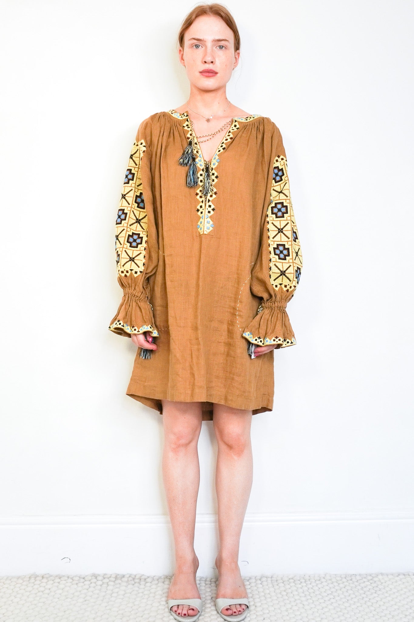 front_photo_of_the_Vita_Kin_Brown_Linen_Embroidered_Mini_Dress Chelsea London