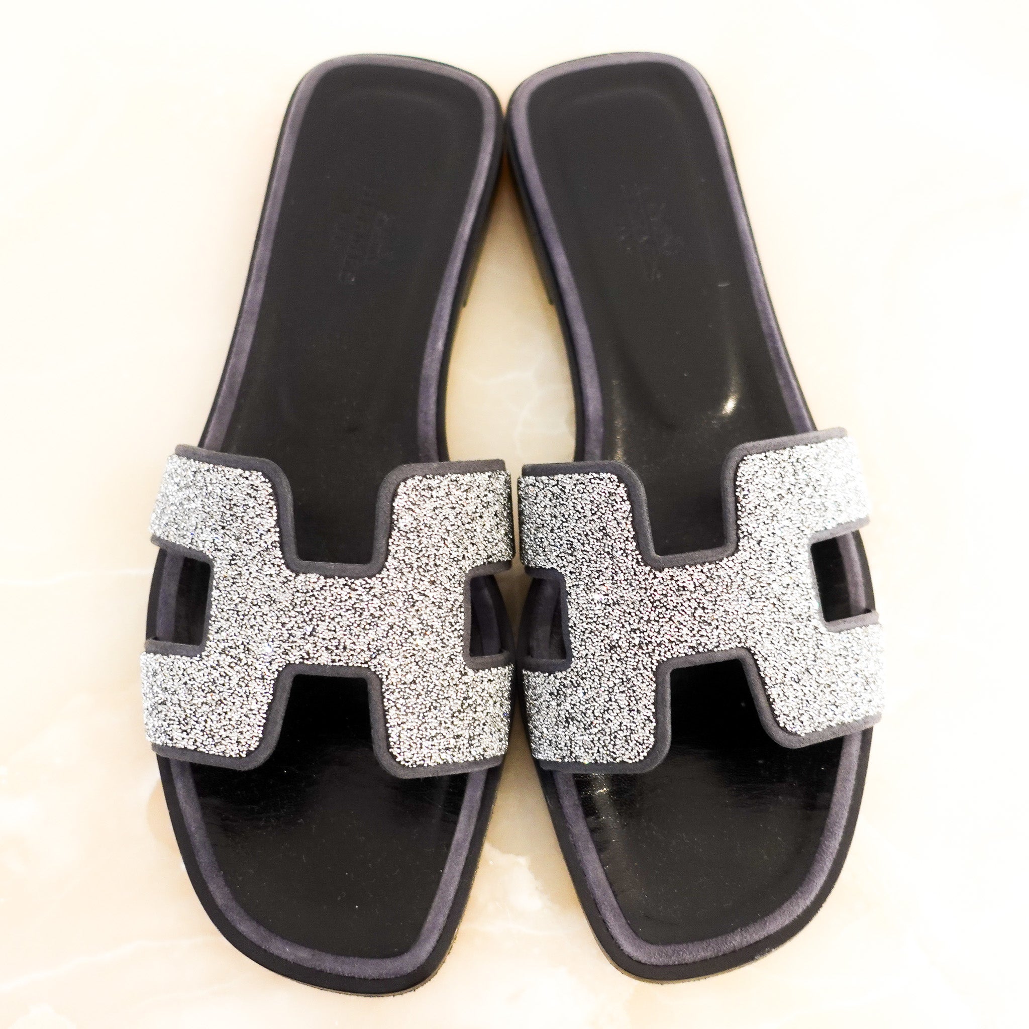 Hermes Oran Sandals in Black with Glitter Detailing RRP £610 | Authentic Preloved - Reloved Again