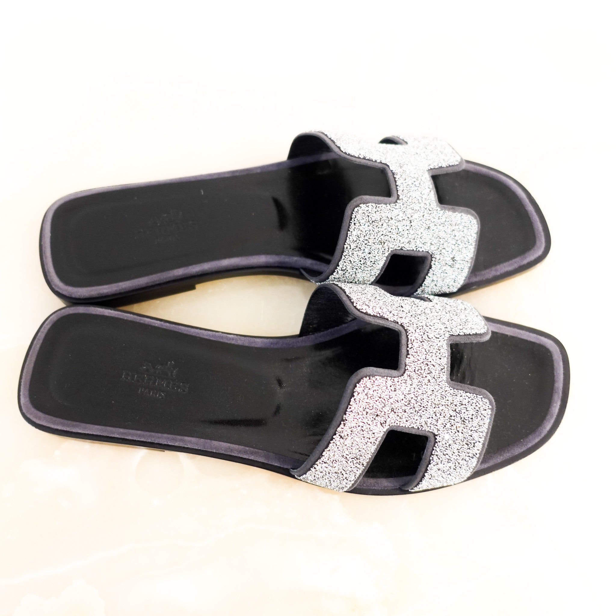 Hermes Oran Sandals in Black with Glitter Detailing RRP £610 | Authentic Preloved - Reloved Again