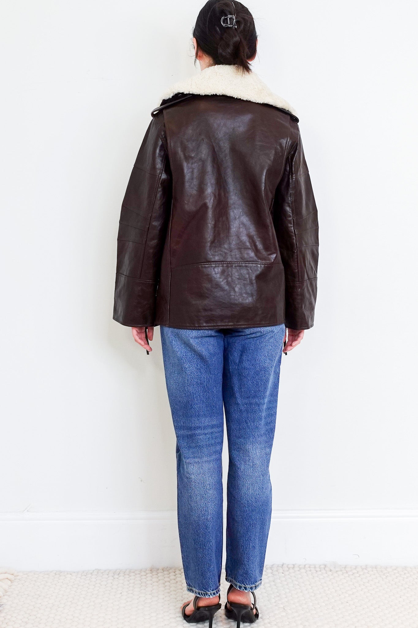 By Malene Birger Brown Leather Jacket with Shearling Collar RRP £1000 | Authentic Preloved - Reloved Again