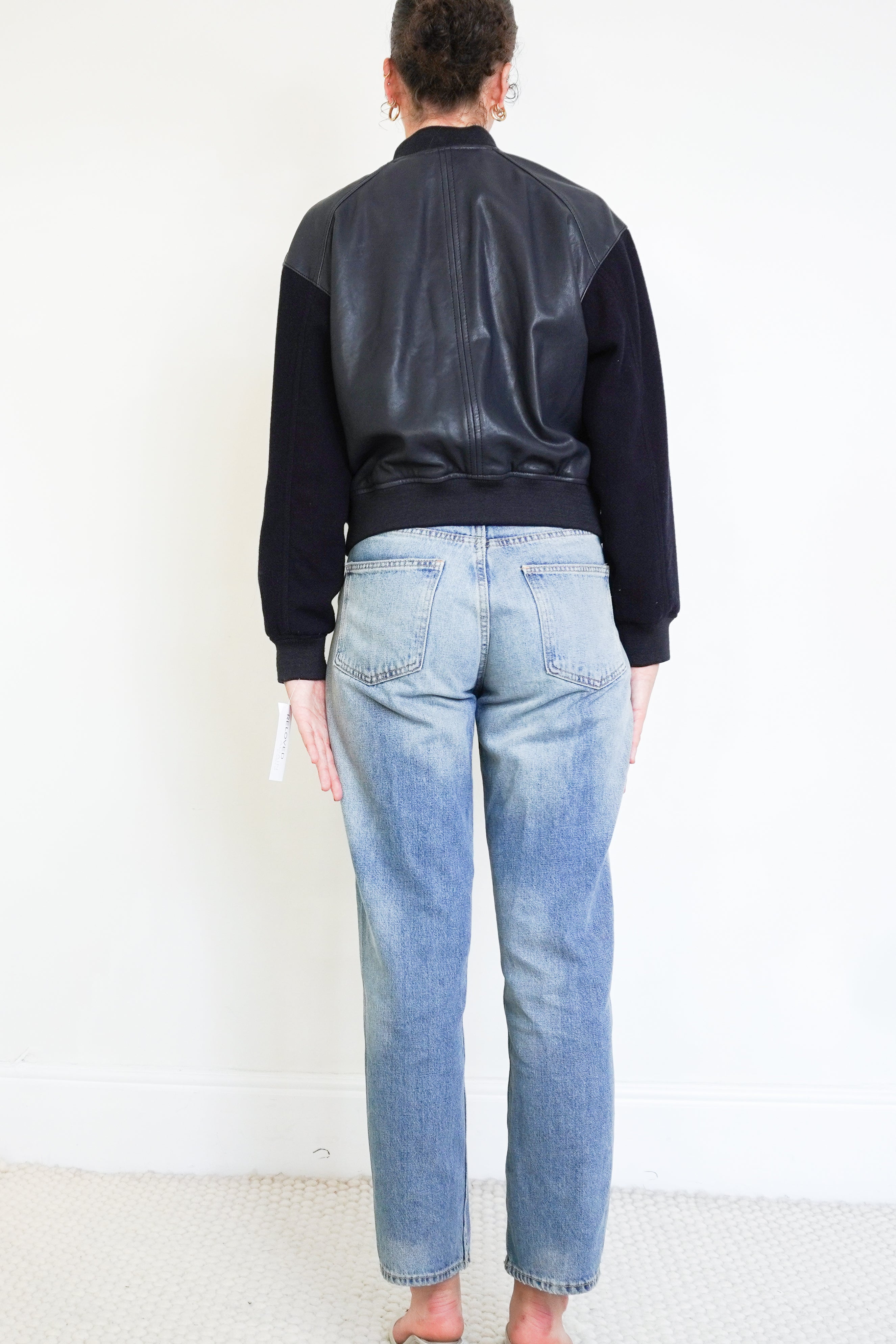Back image of the ME+EM bomber jacket showing the length.