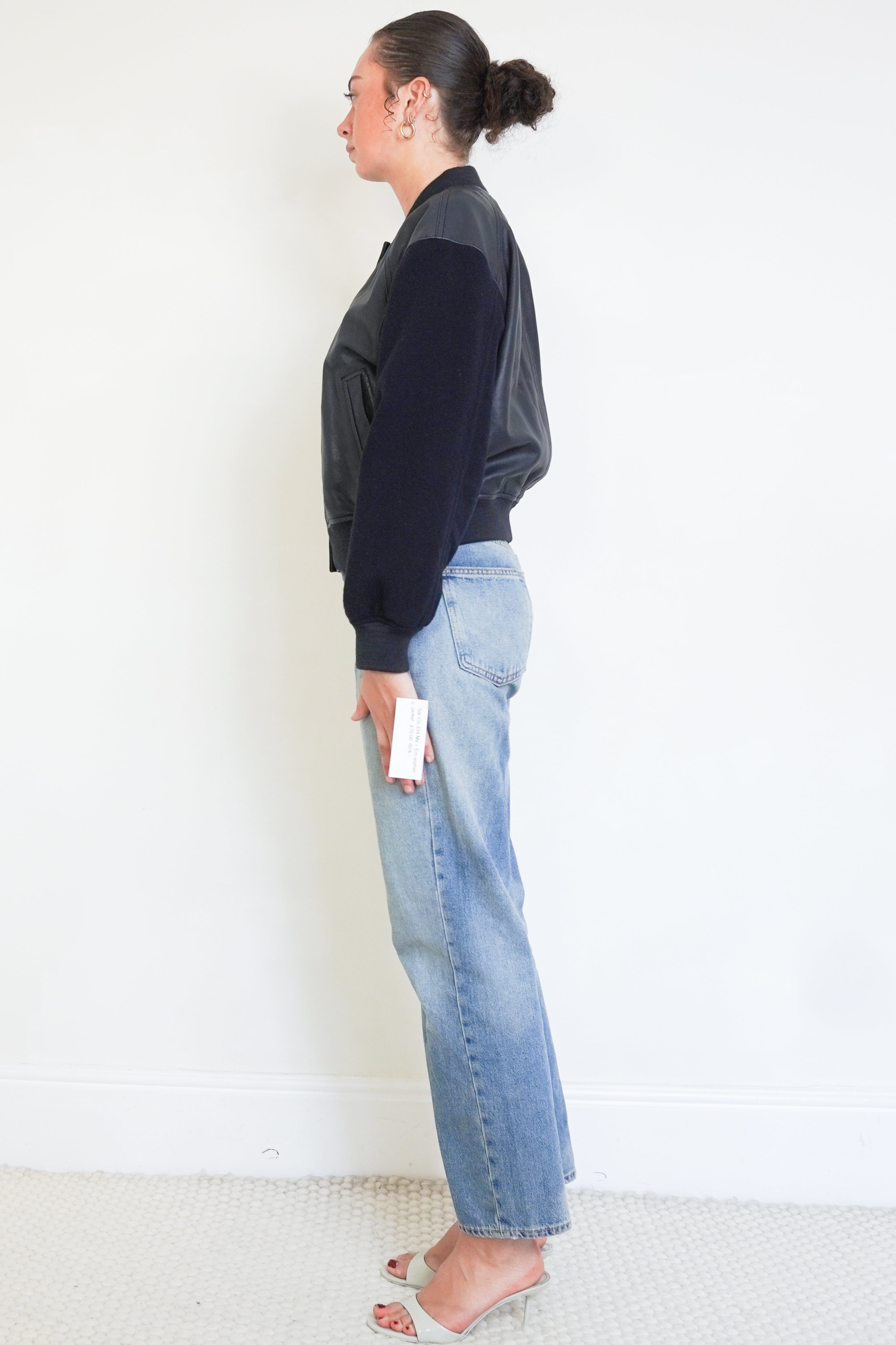 Side image of the ME+EM bomber jacket showing the sleeves.