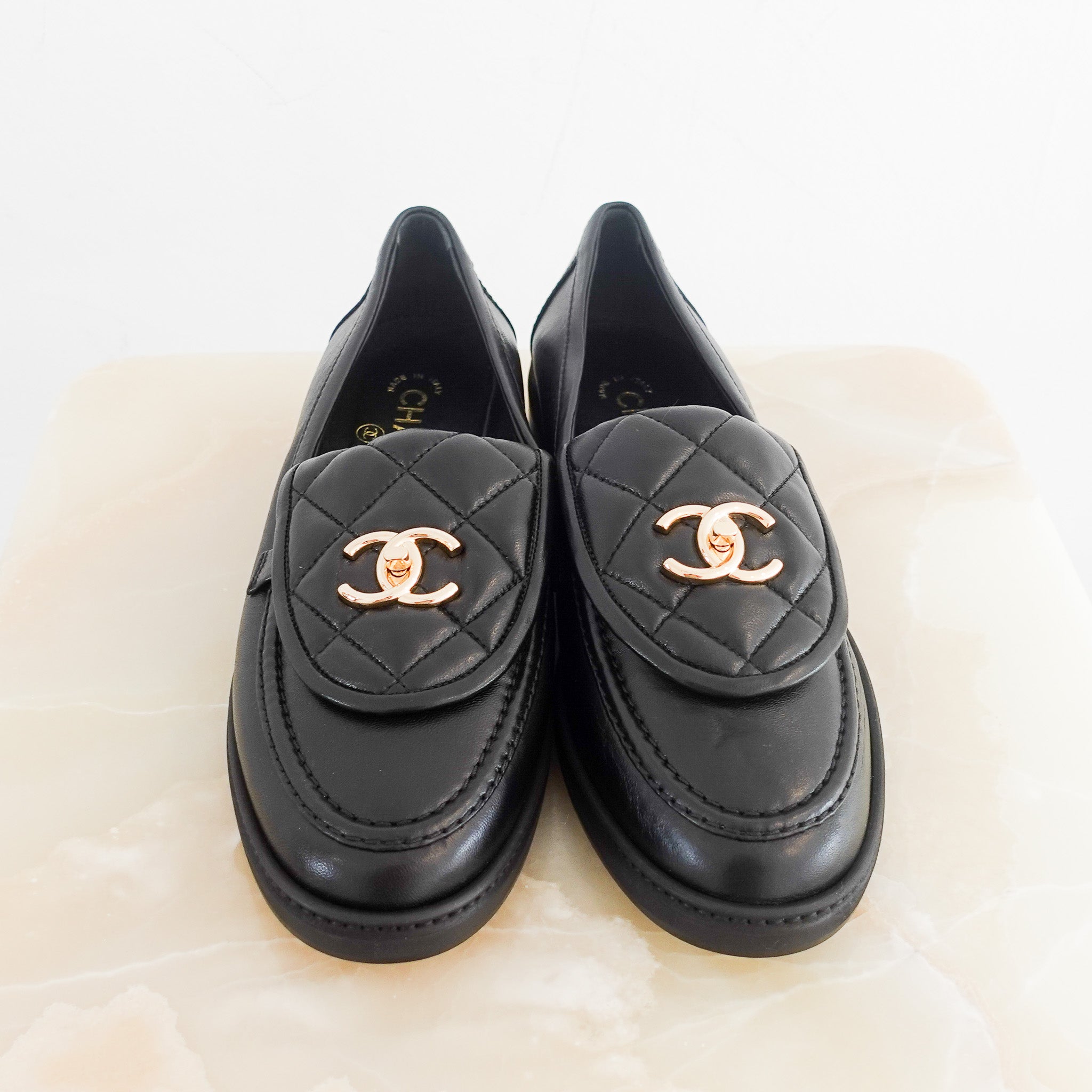 NEW Chanel Quilted Lambskin CC turn - lock Loafers RRP £1300 | Authentic Preloved - Reloved Again