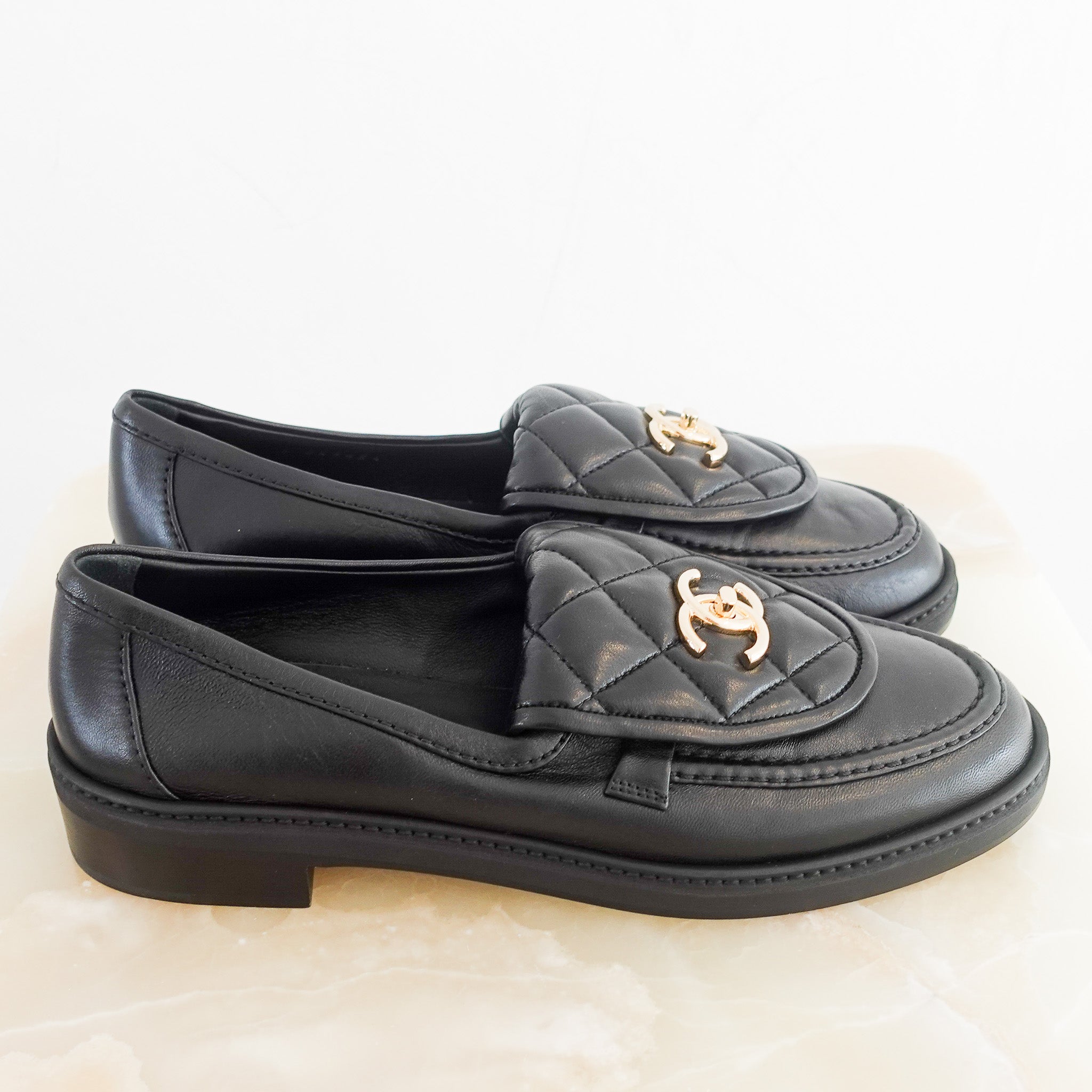 NEW Chanel Quilted Lambskin CC turn - lock Loafers RRP £1300 | Authentic Preloved - Reloved Again