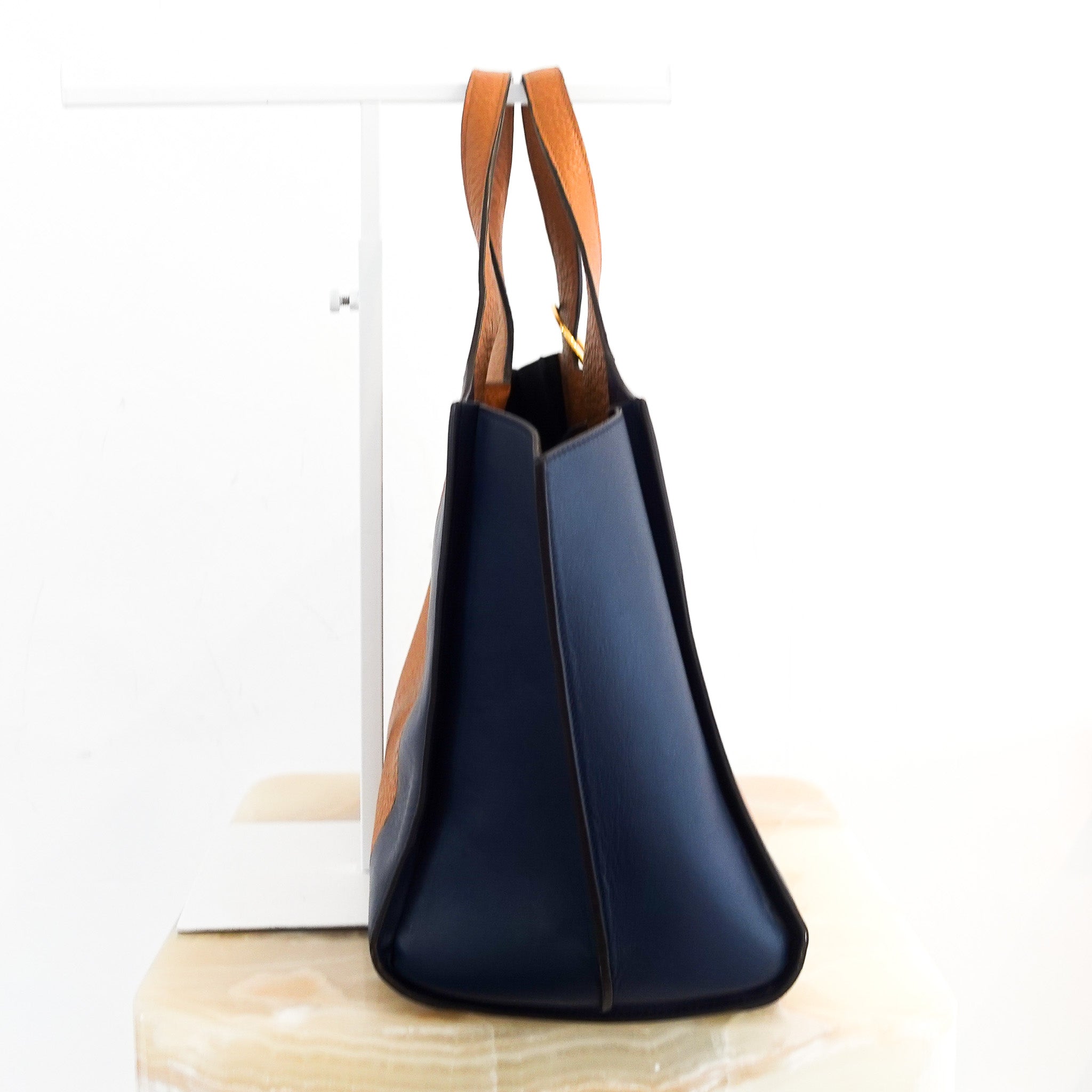 victoria-beckham-navy-and-brown-leather-tote-side-blue-picture-chelsea-london