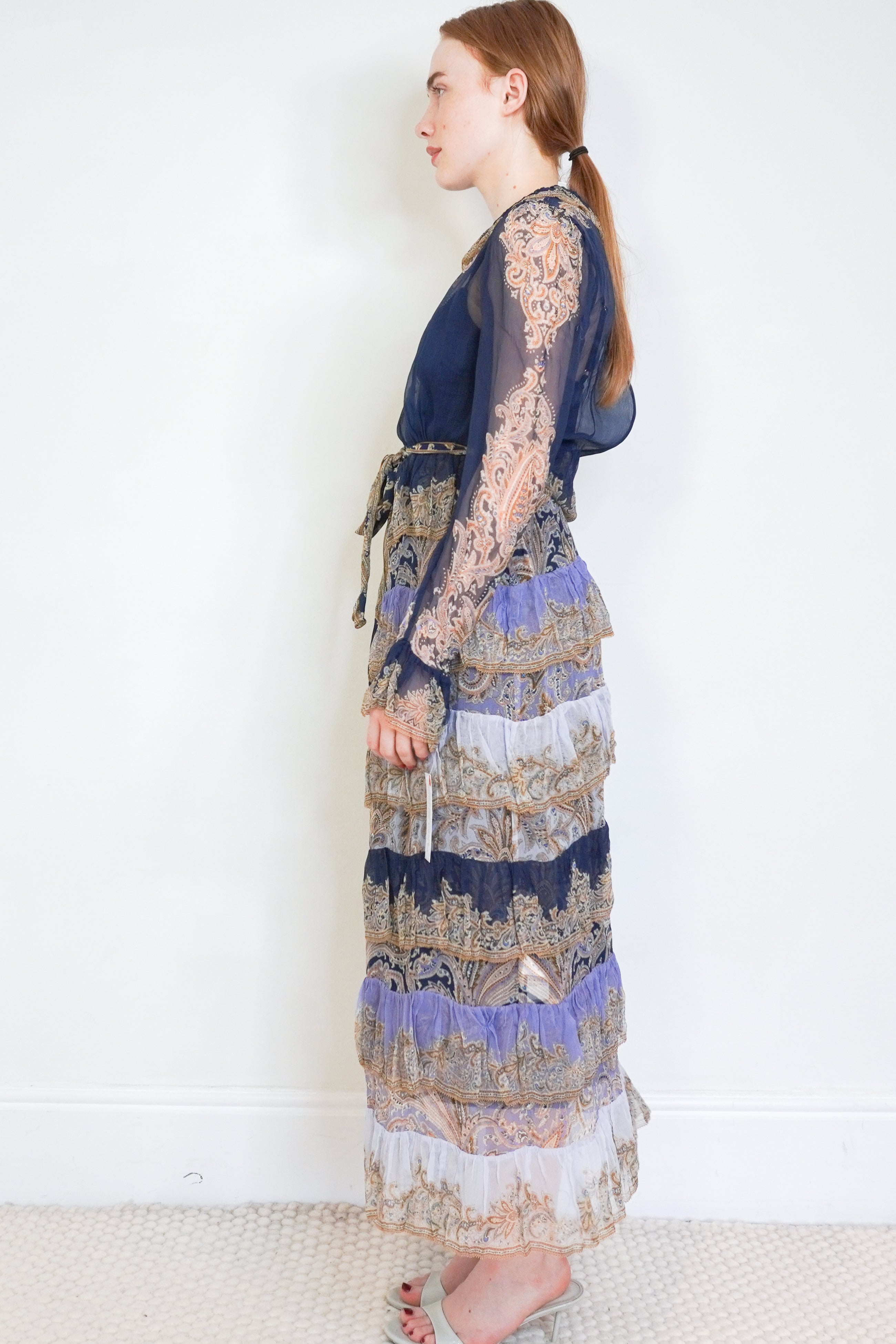 side image of the Zimmermann paisley silk dress showing the sleeves.