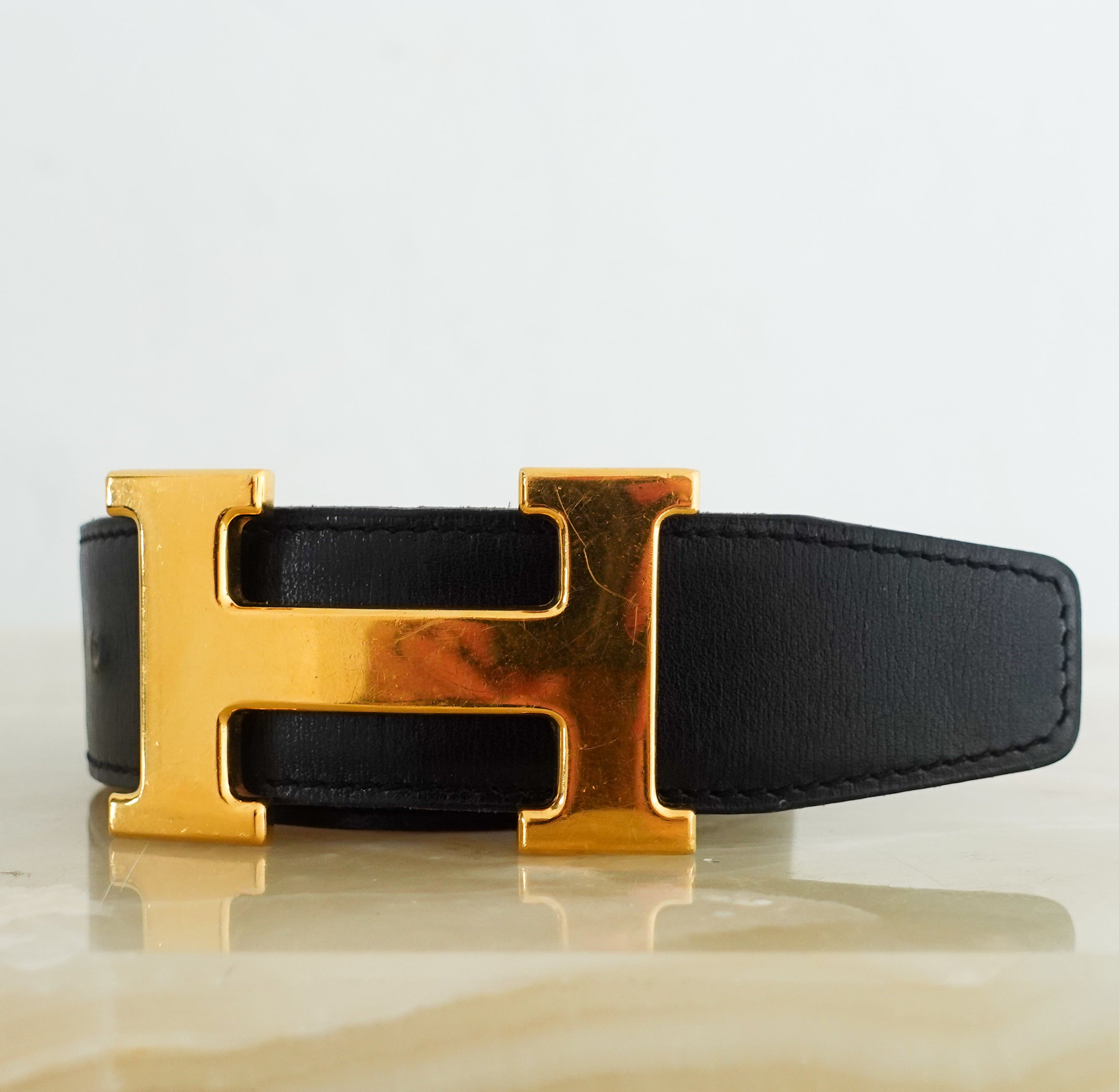 Black leather H belt RRP £780