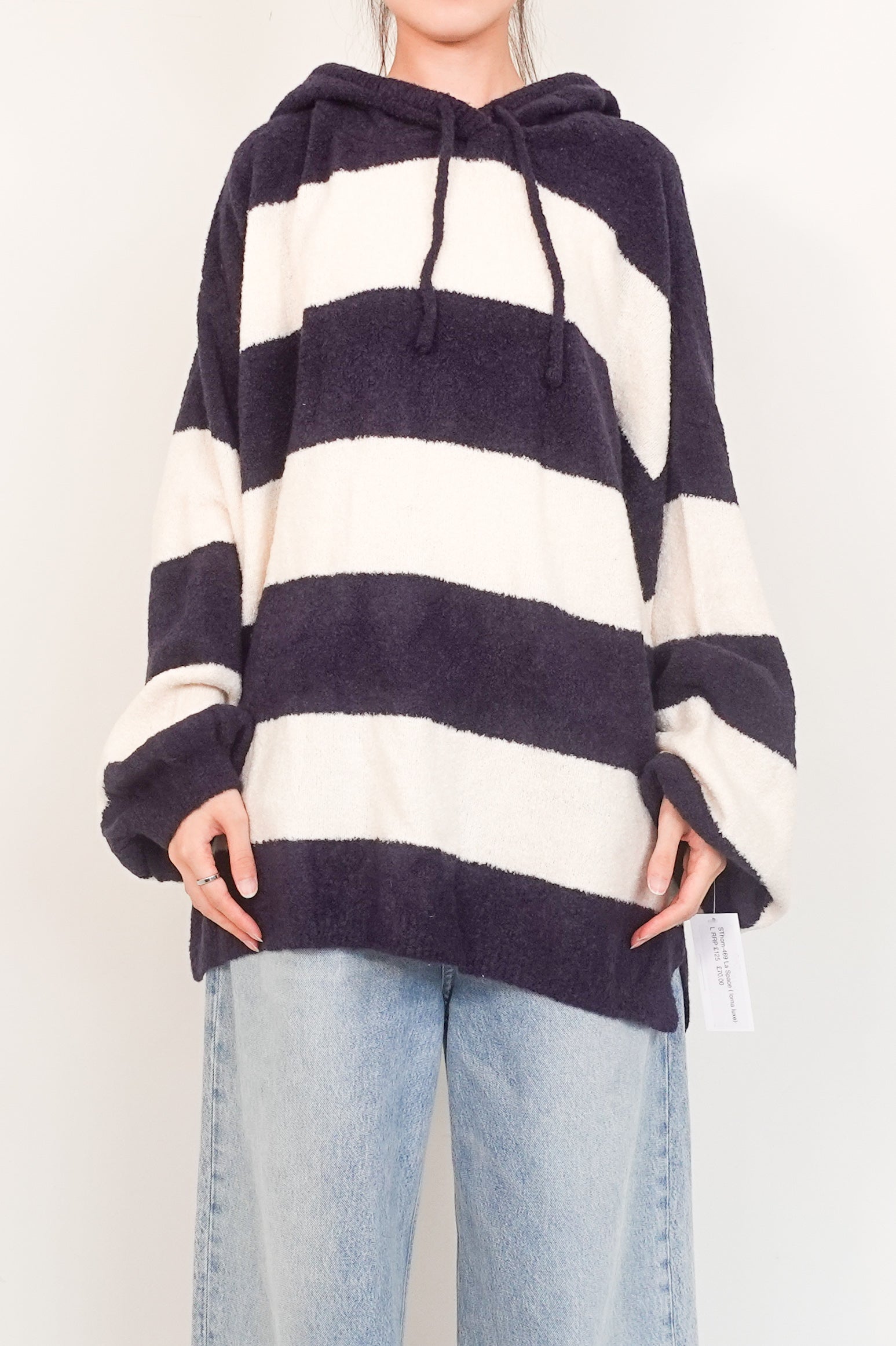 Navy striped knitted wide sleeved hoodie RRP125