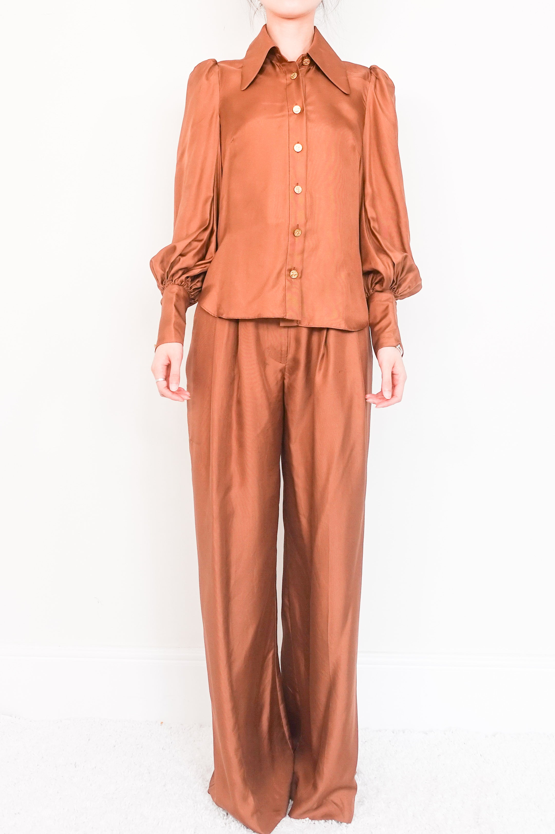 brown silk trouser suit