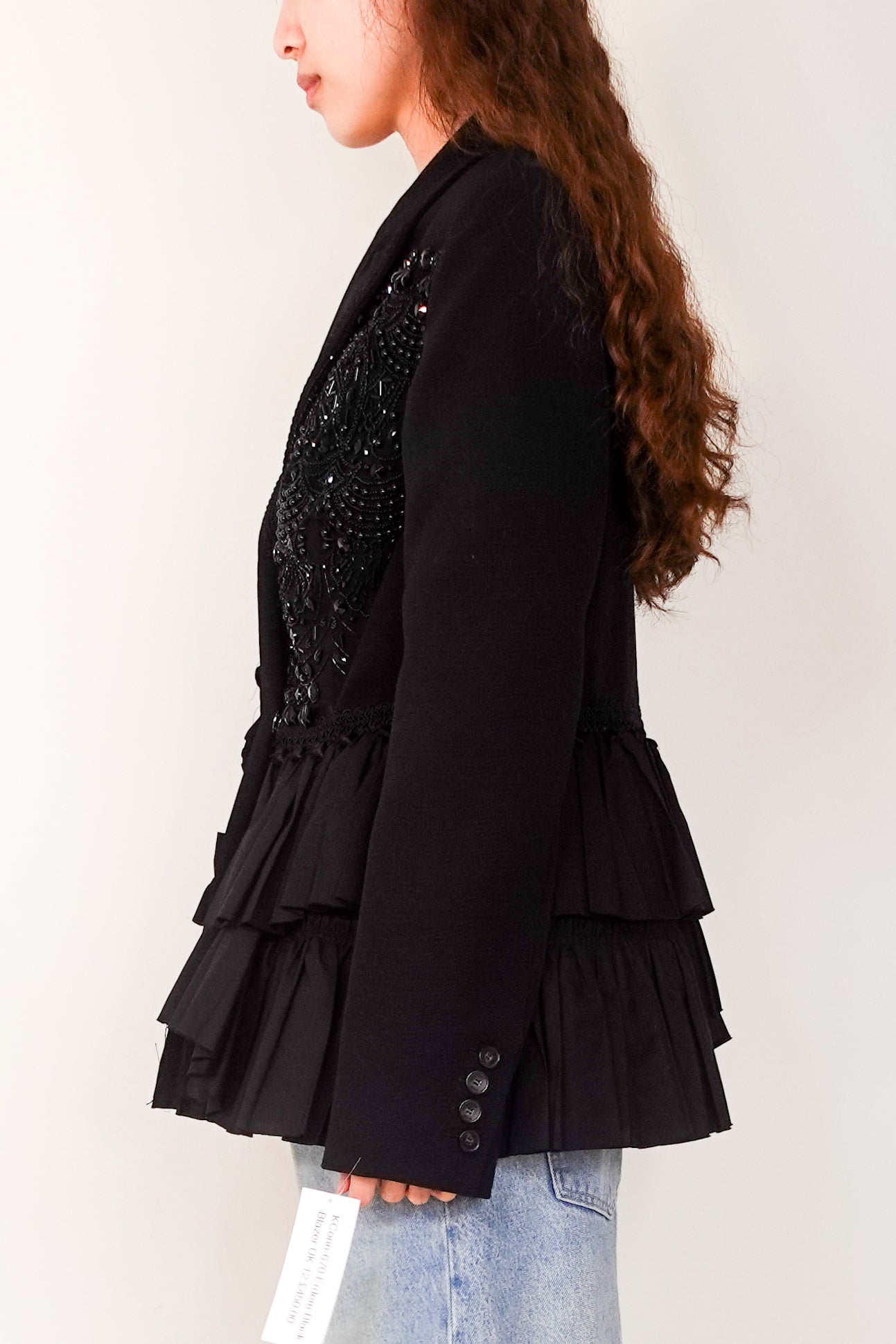 New black beaded ruffle wool jacket RRP £1.7K