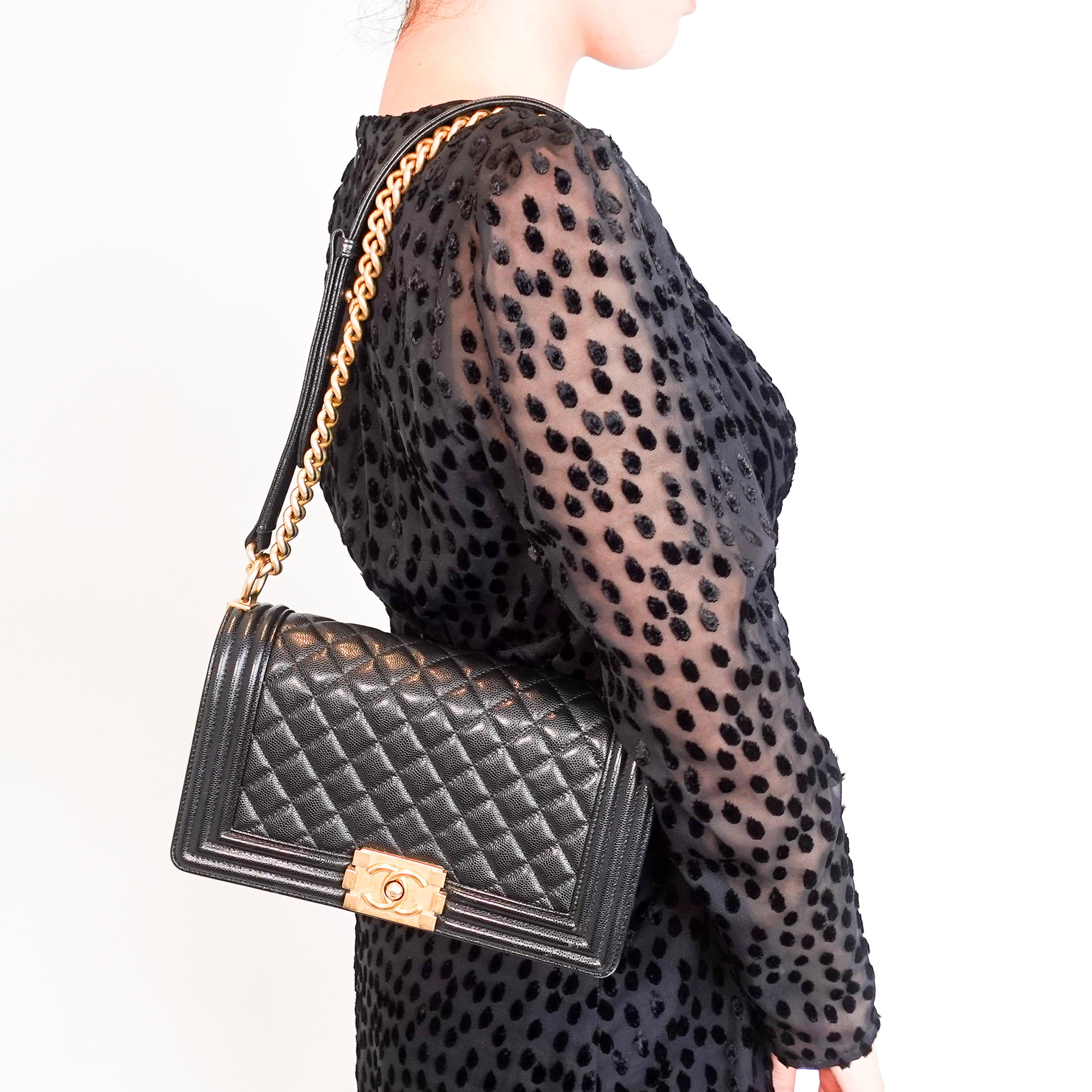 Chanel Medium Boy Bag in black caviar leather with gold CC clasp RRP £6,000 | Authentic Preloved