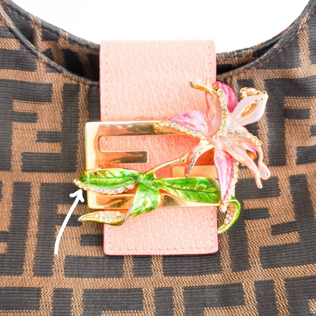 Fendi Round Flap Baguette Zucca Canvas Bag with Crystal Flower Buckle North South RRP (£2,200) | Authentic Preloved - Reloved Again