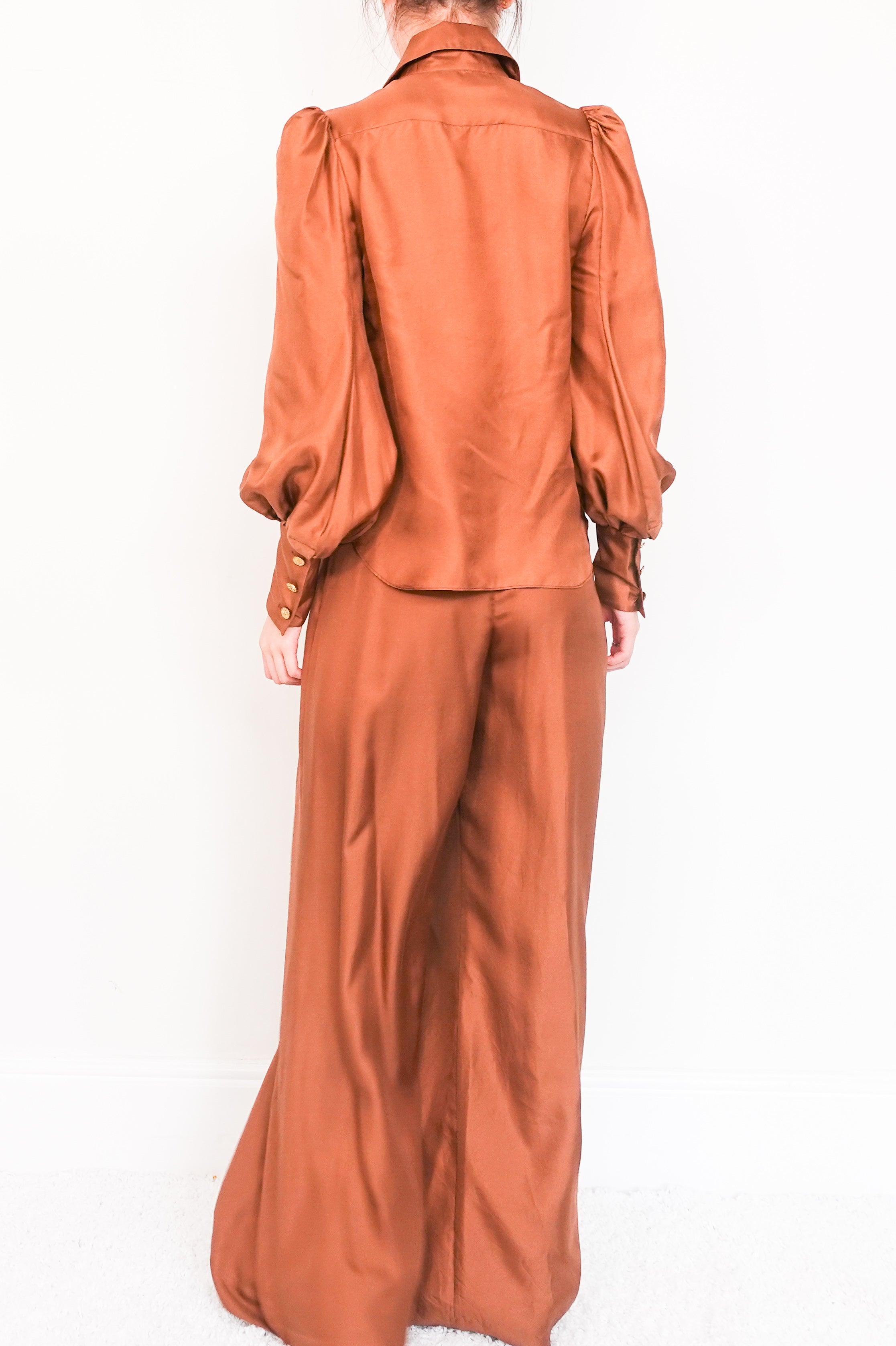 brown silk trouser suit