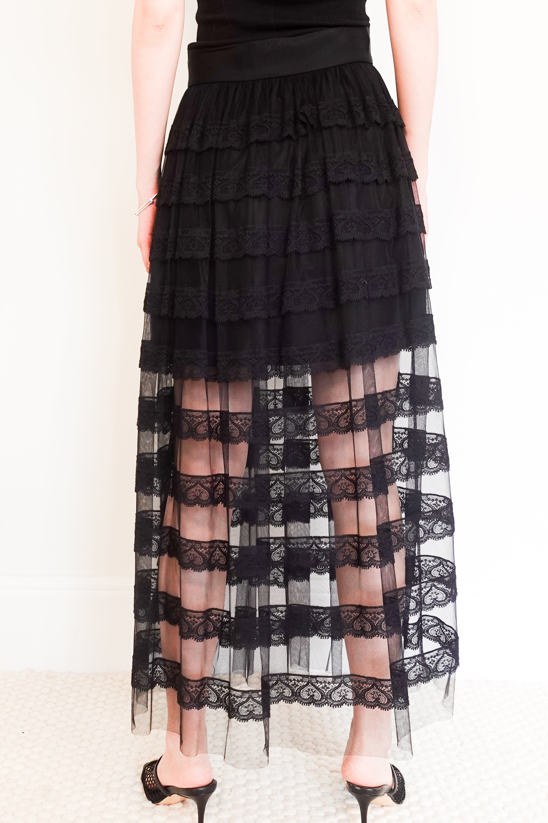 Tiered black lace skirt