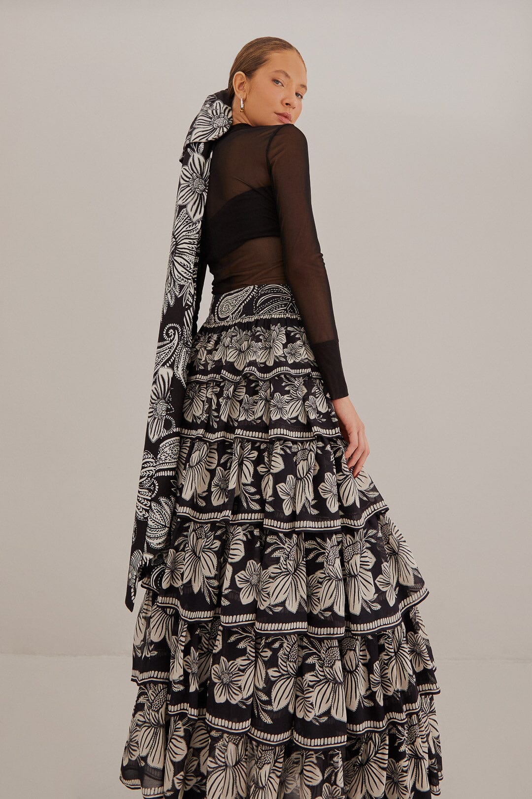 Black paisley bloom tiered skirt RRP £230