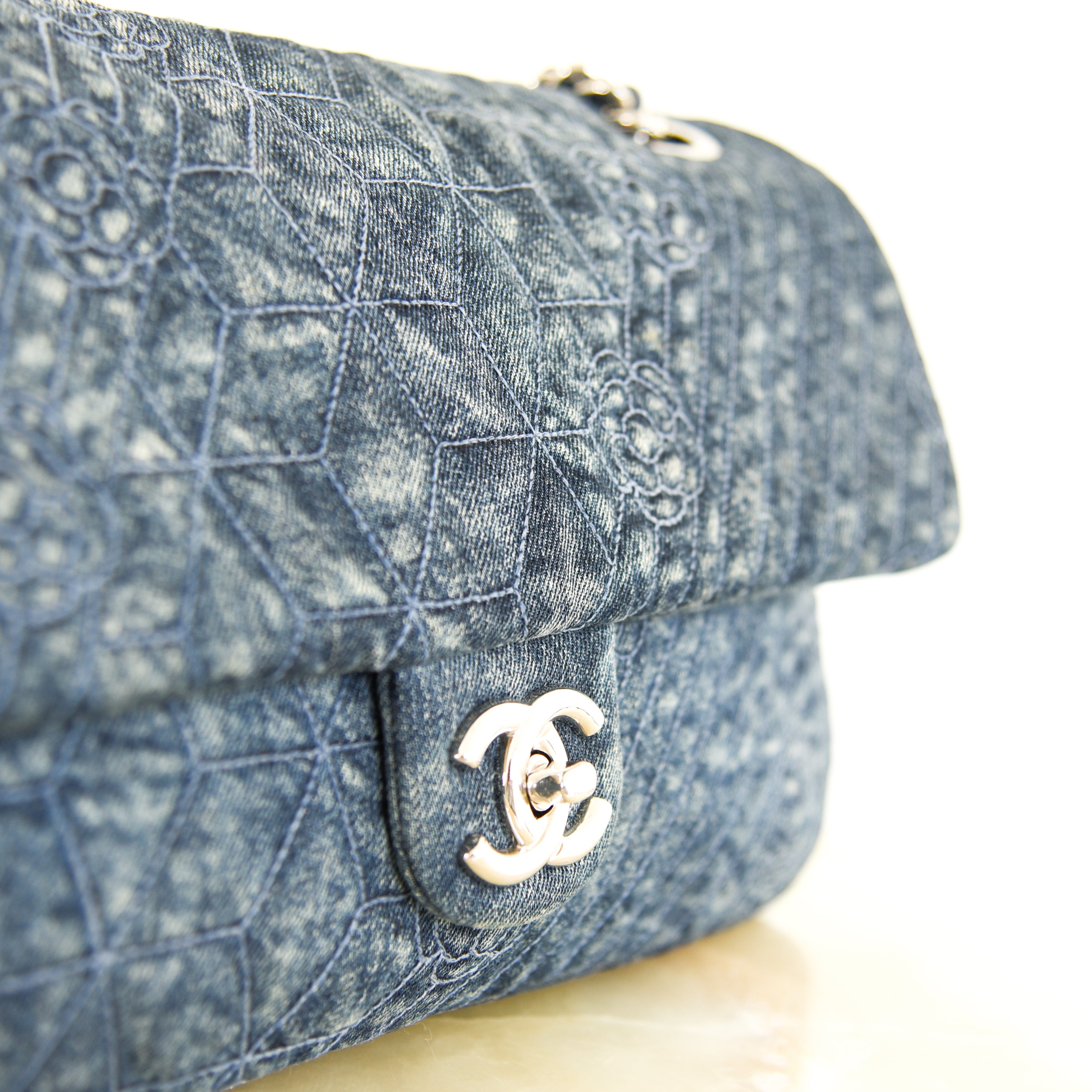 Camellia denim quilted flap bag RRP £10k