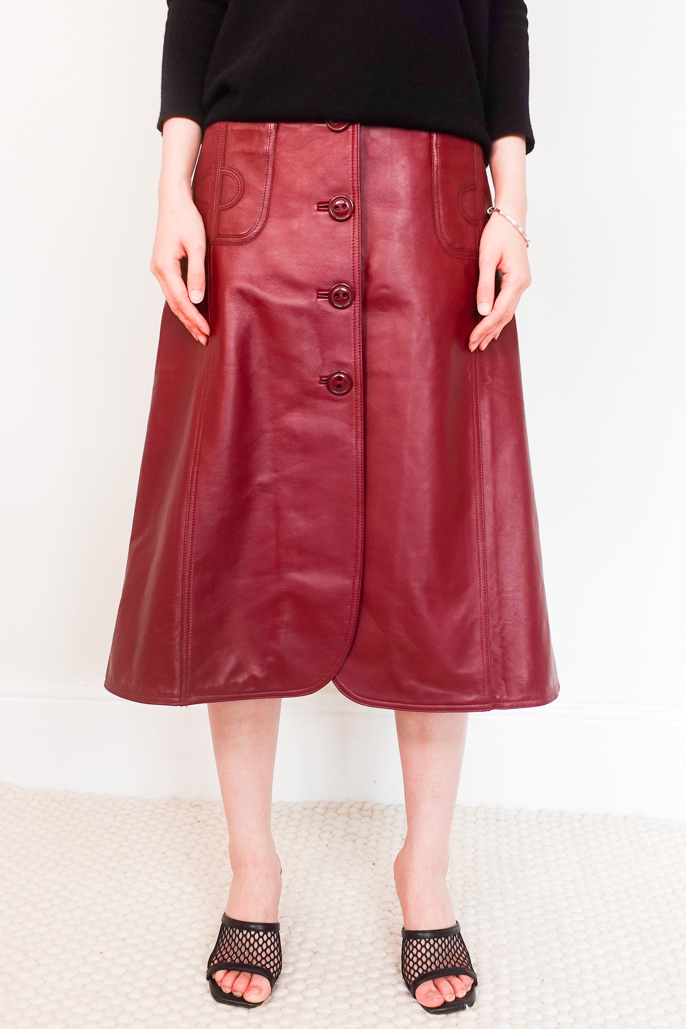 Burgundy leather midi skirt RRP £225