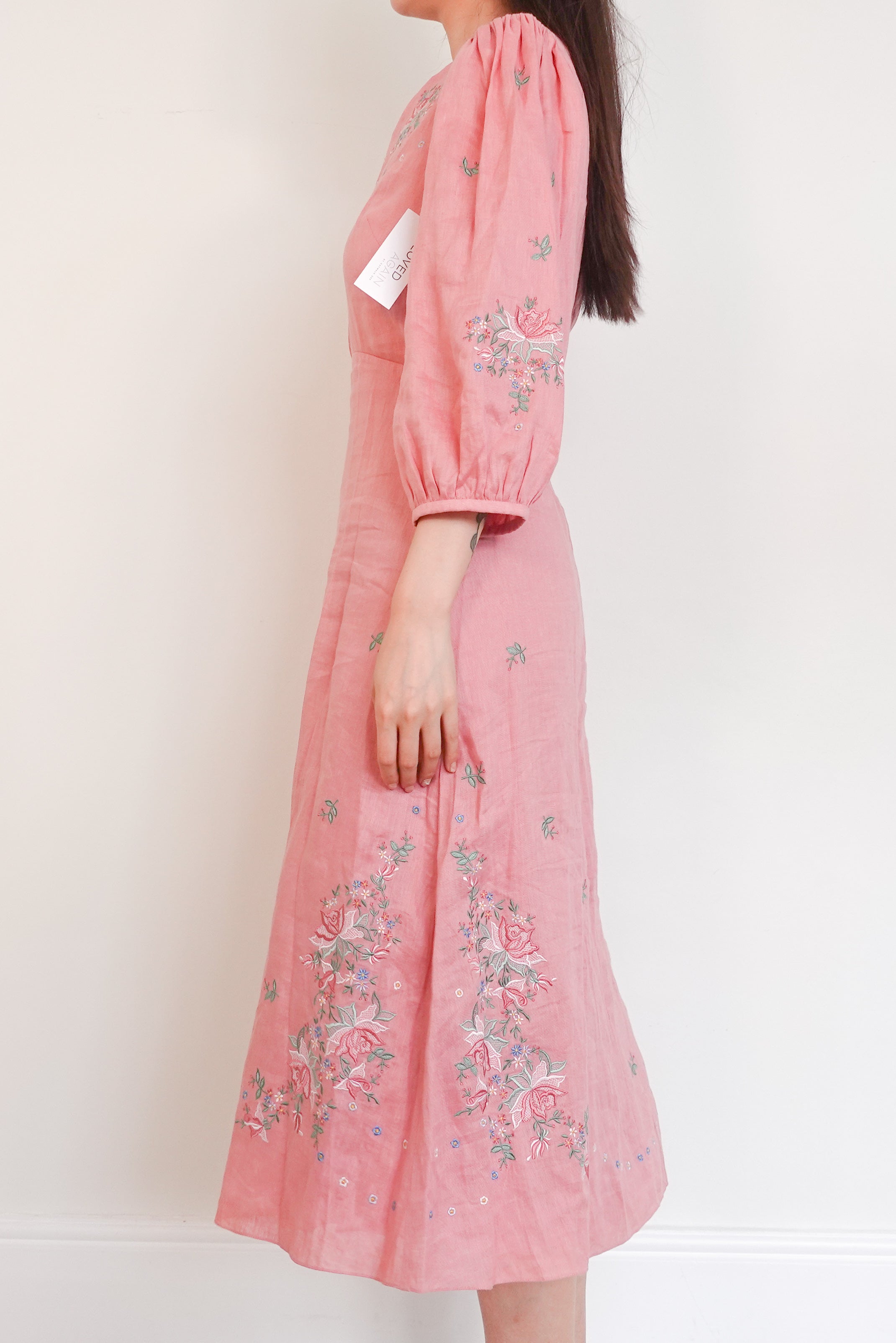 Pink midi embroidery linen dress RRP £450