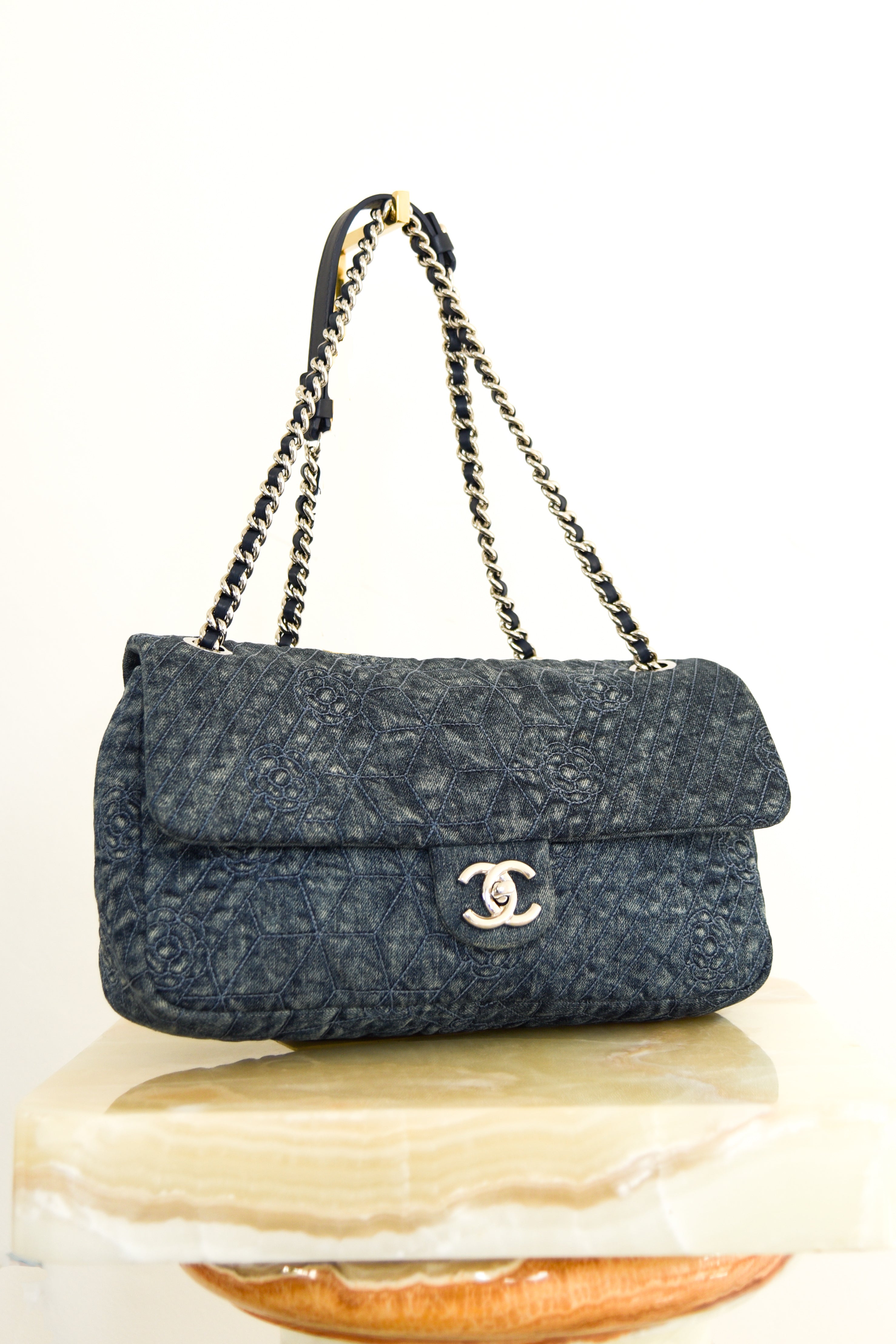 Camellia denim quilted flap bag RRP £10k