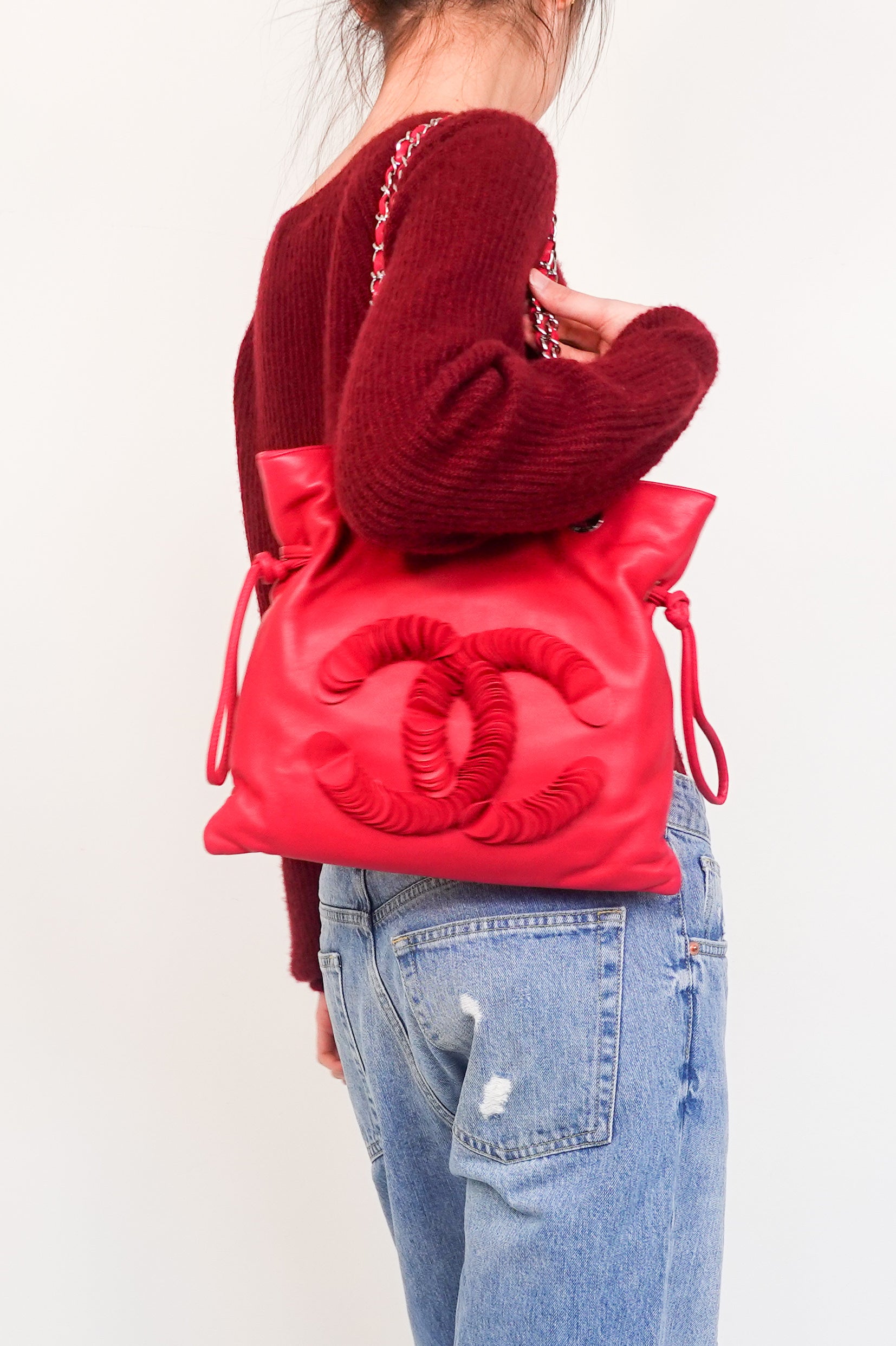 red leather disc bon bon bag