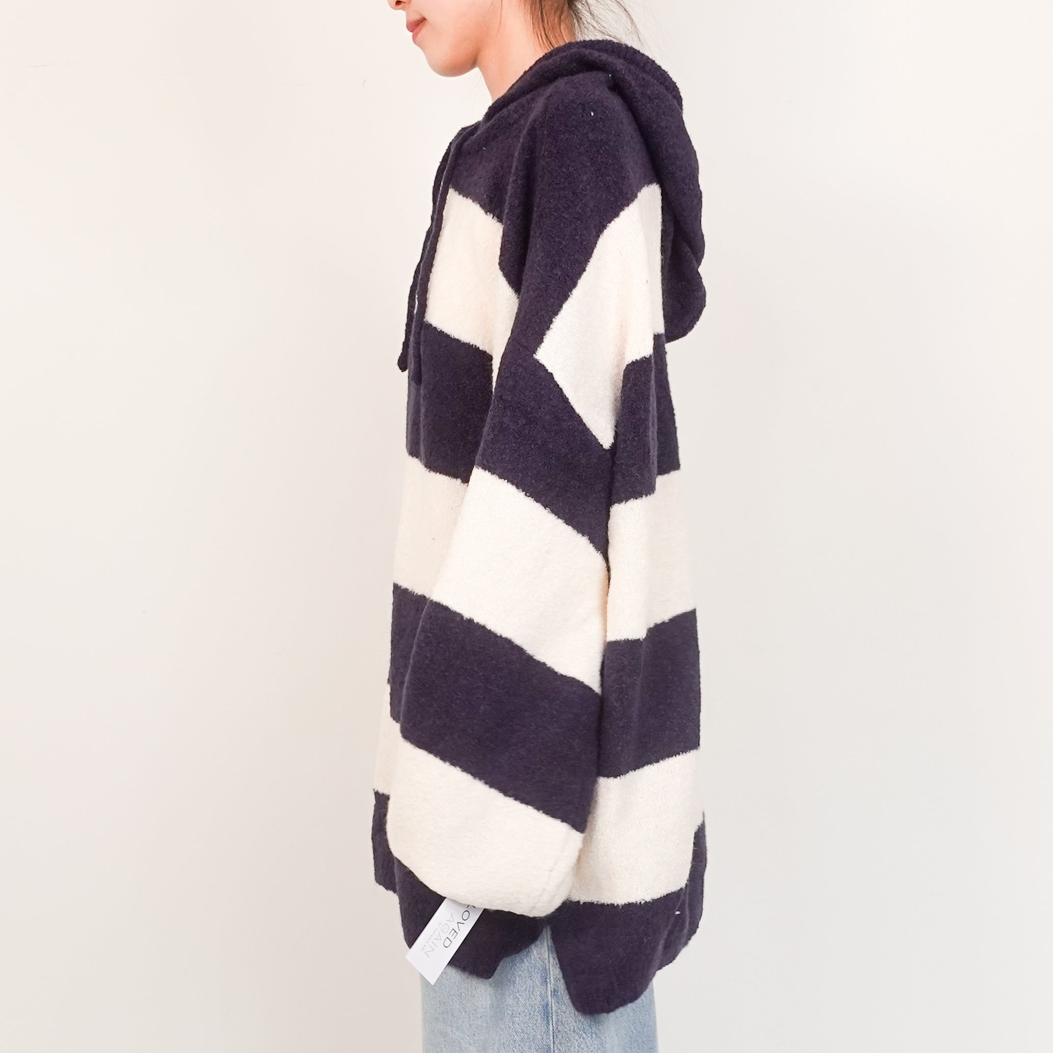 Navy striped knitted wide sleeved hoodie RRP125