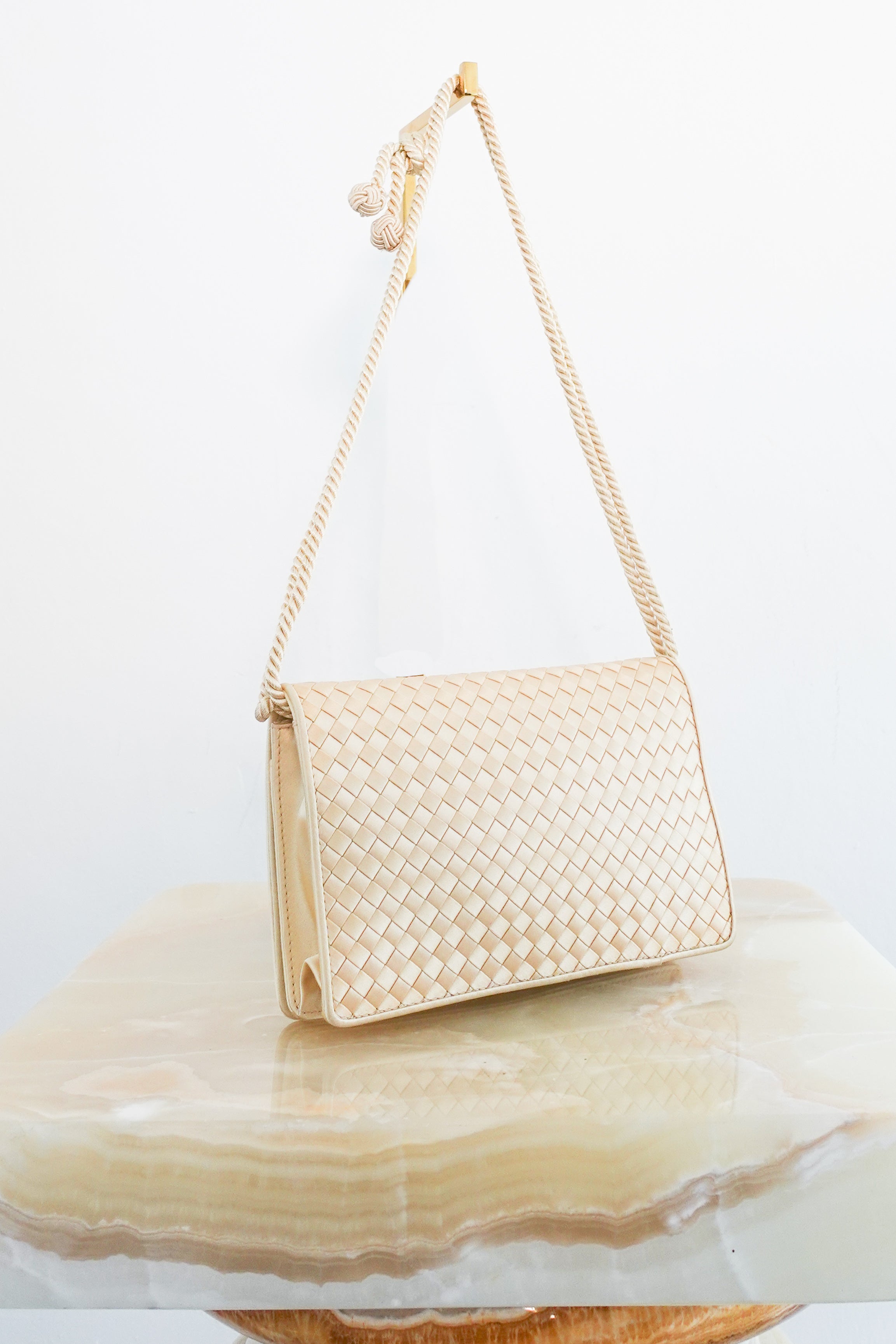 Cream satin interwoven crossbody bag