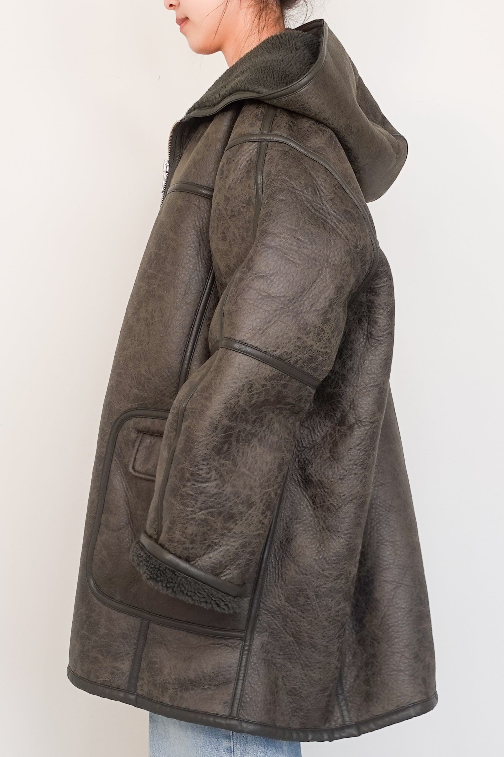 Vegan leather aviator style hooded coat RRP £550